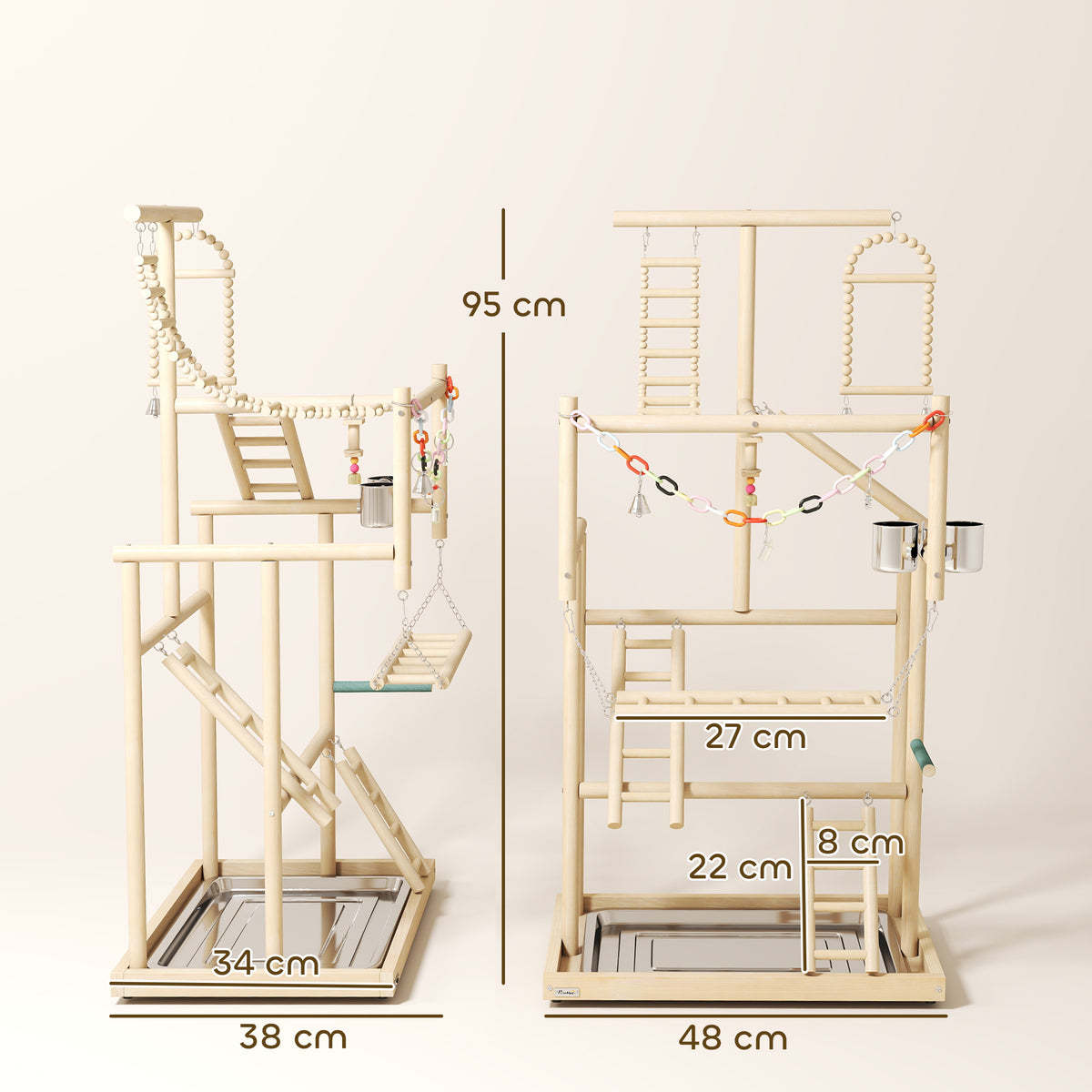 PawHut 95 cm Wooden Bird Playground with Ladders, Chain Toy, Stainless Steel Cups and Tray, Bird Cage Accessories, Natural