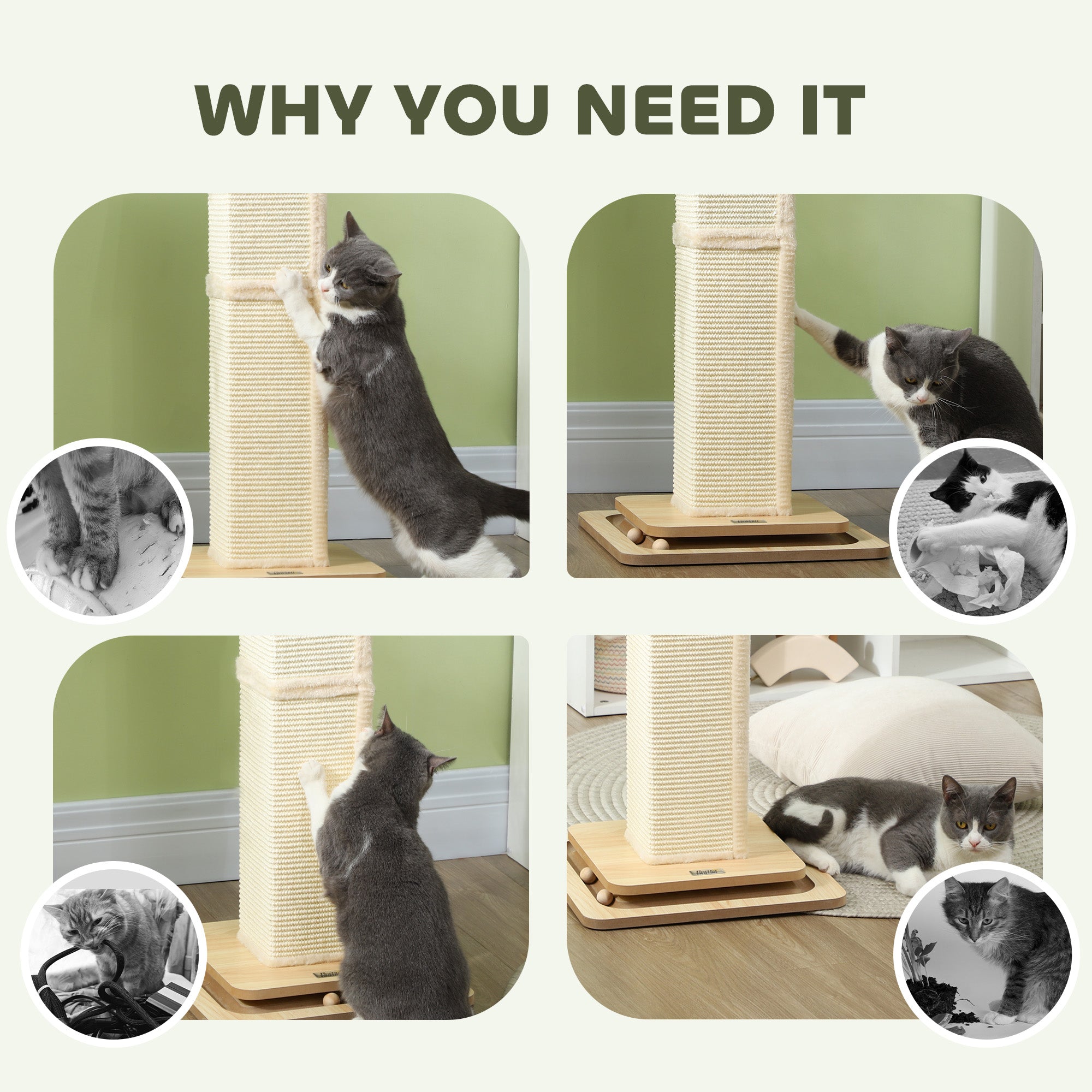 PawHut 3-in-1 Cat Scratching Post, 87cm Cat Scratcher w/ Track Ball Toy, Oak Tone - North Peak Garden Furniture