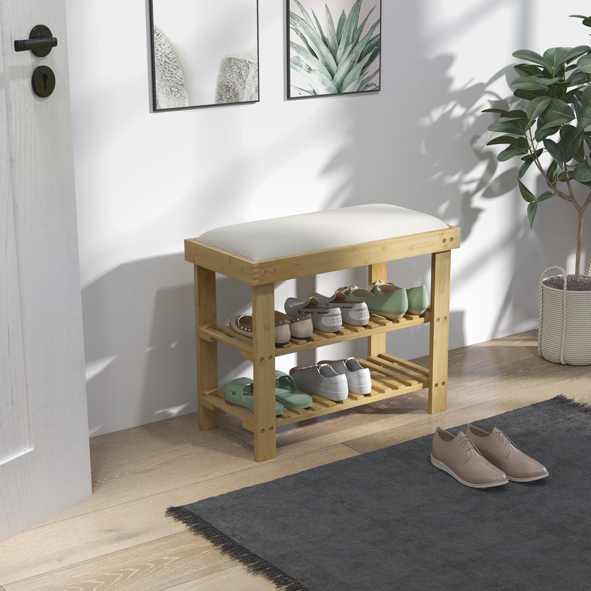 HOMCOM Bamboo Shoe Storage Bench, 3-Tier Shoe Bench with Seat Cushion, Shoe Rack for Entryway, Hallway, Living Room, Bedroom, Cream White - North Peak Garden Furniture