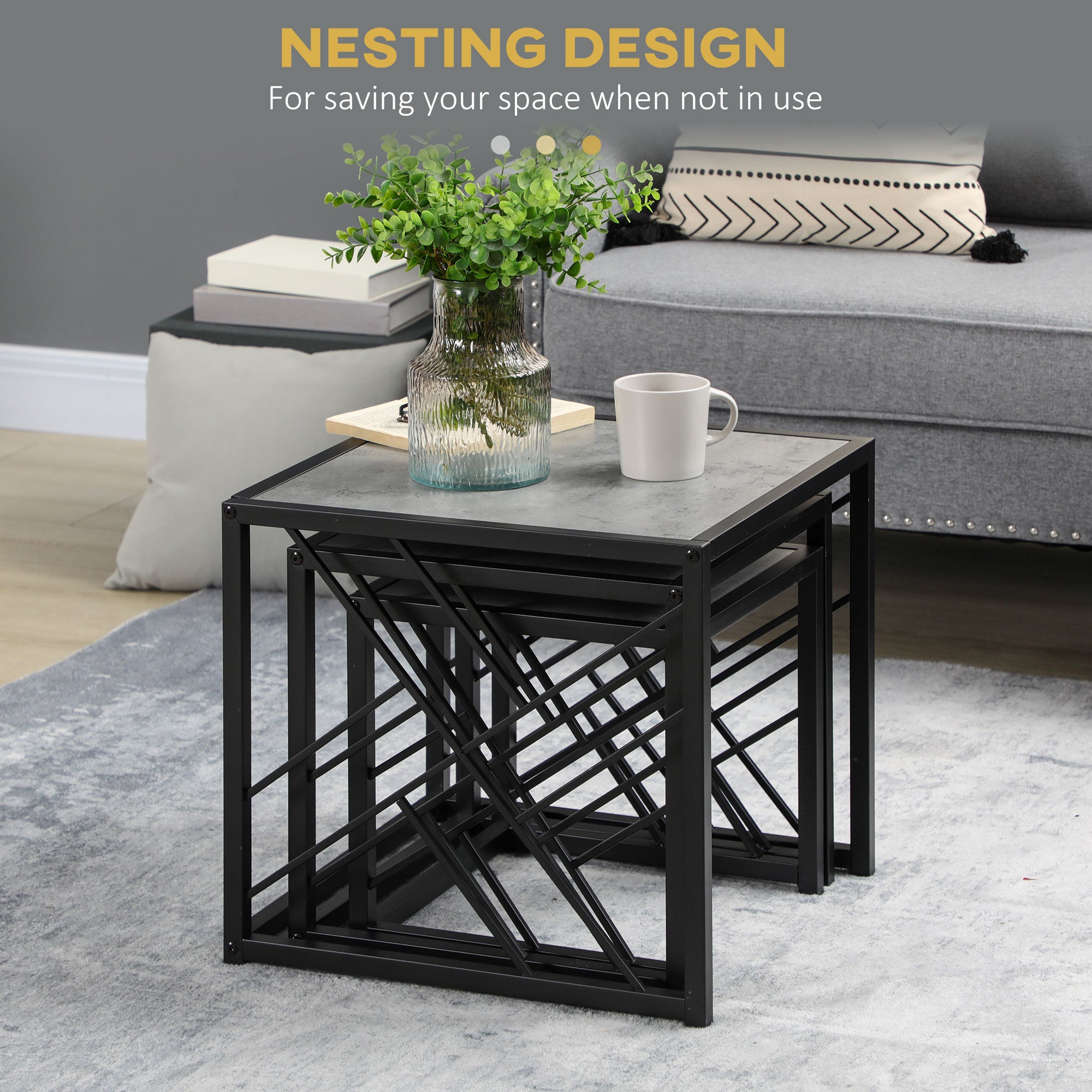 HOMCOM Nesting Coffee Tables, Set of 3 Square Side Tables with Black Metal Frame, for Living Room, Bedroom and Office, Grey - North Peak Garden Furniture