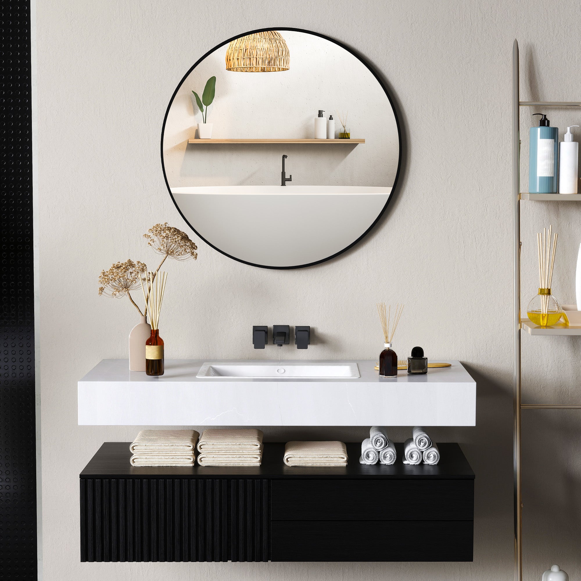 HOMCOM Round Bathroom Mirror, 70 x 70cm Steel Framed Wall Mirror, Decorative Mirror for Bedroom, Living Room, Entryway, Black - North Peak Garden Furniture