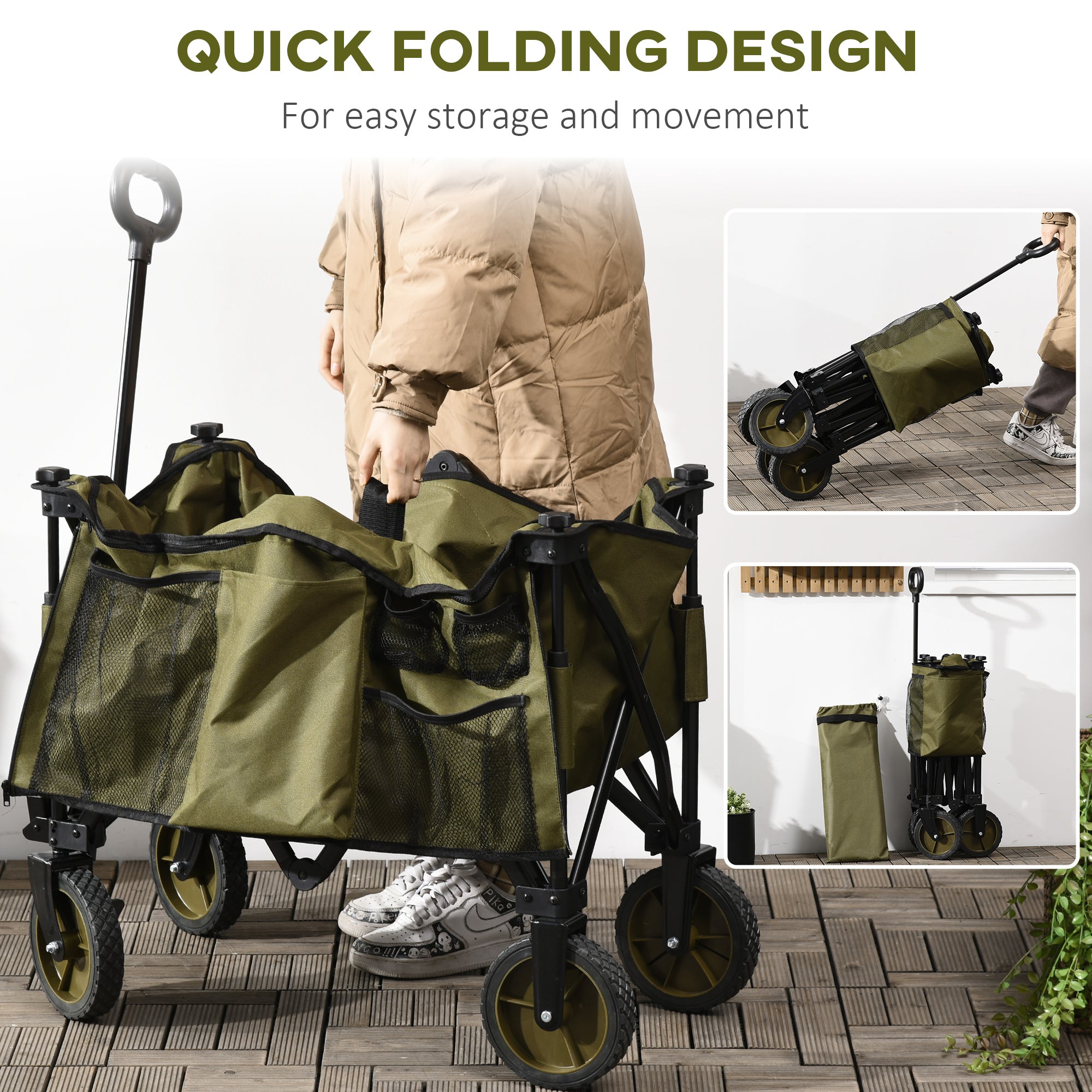 Outsunny Folding Garden Trolley, Cargo Trailer on Wheels, Collapsible Camping Trolley with Folding Board, Outdoor Utility Wagon with Steel Frame and Oxford Fabric, Green - North Peak Garden Furniture