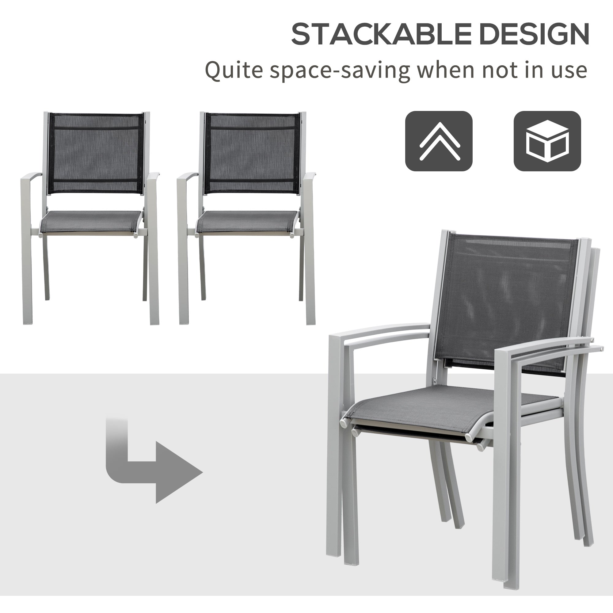 Outsunny Outdoor Chairs, Set of 2, Square Steel Frame, Texteline Seats, Foot Caps, Mesh, Boxy, Comfortable, Easy Clean, Black/Grey