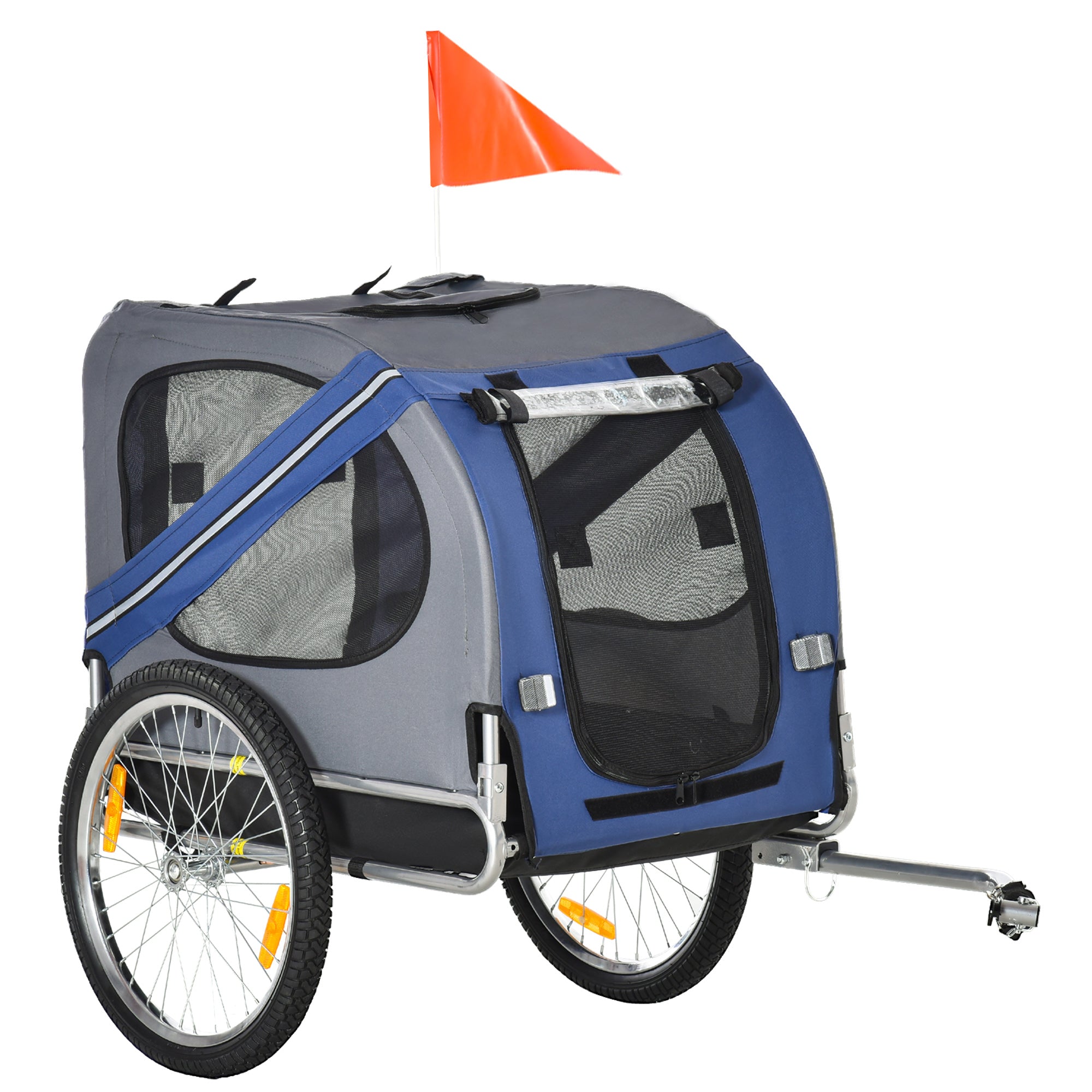 PawHut Folding Dog Bike Trailer Pet Cart Carrier for Bicycle Travel in Steel Frame with Hitch Coupler - Blue & Grey - North Peak Garden Furniture
