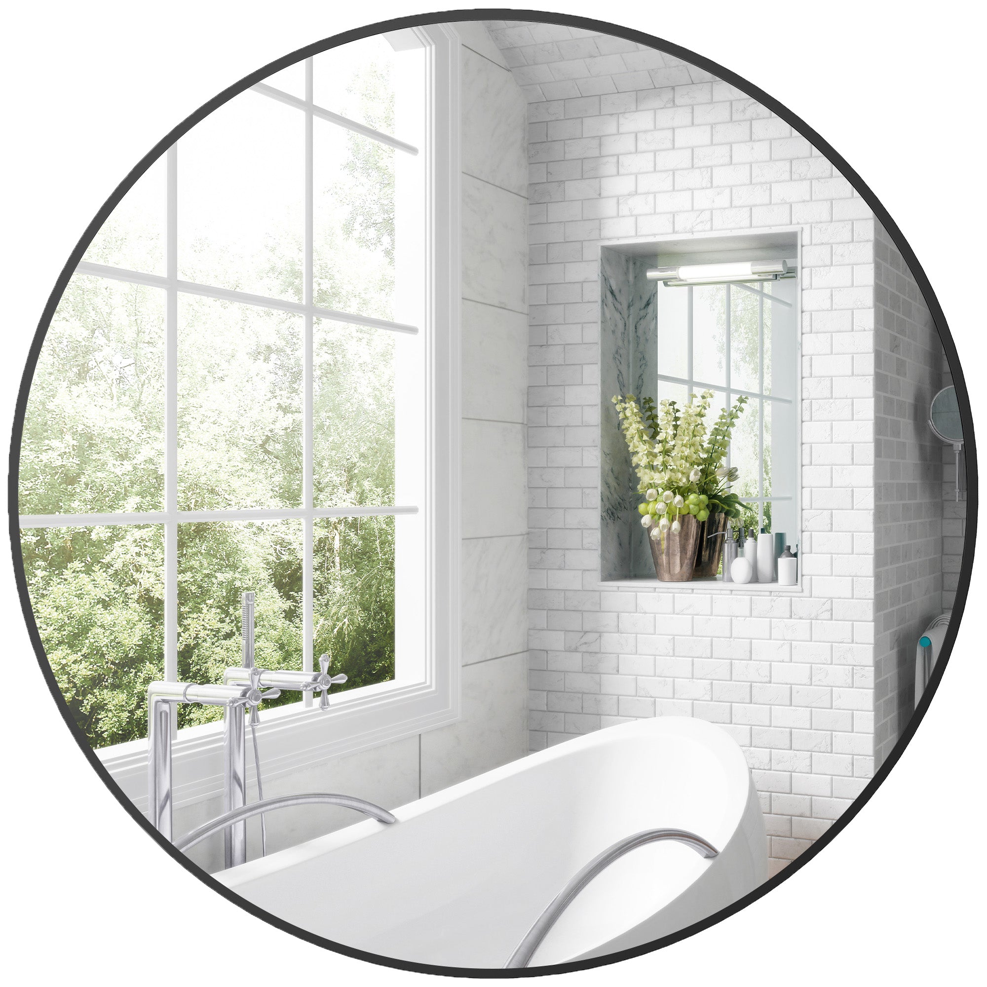 HOMCOM Round Bathroom Mirror, 70 x 70cm Steel Framed Wall Mirror, Decorative Mirror for Bedroom, Living Room, Entryway, Black - North Peak Garden Furniture