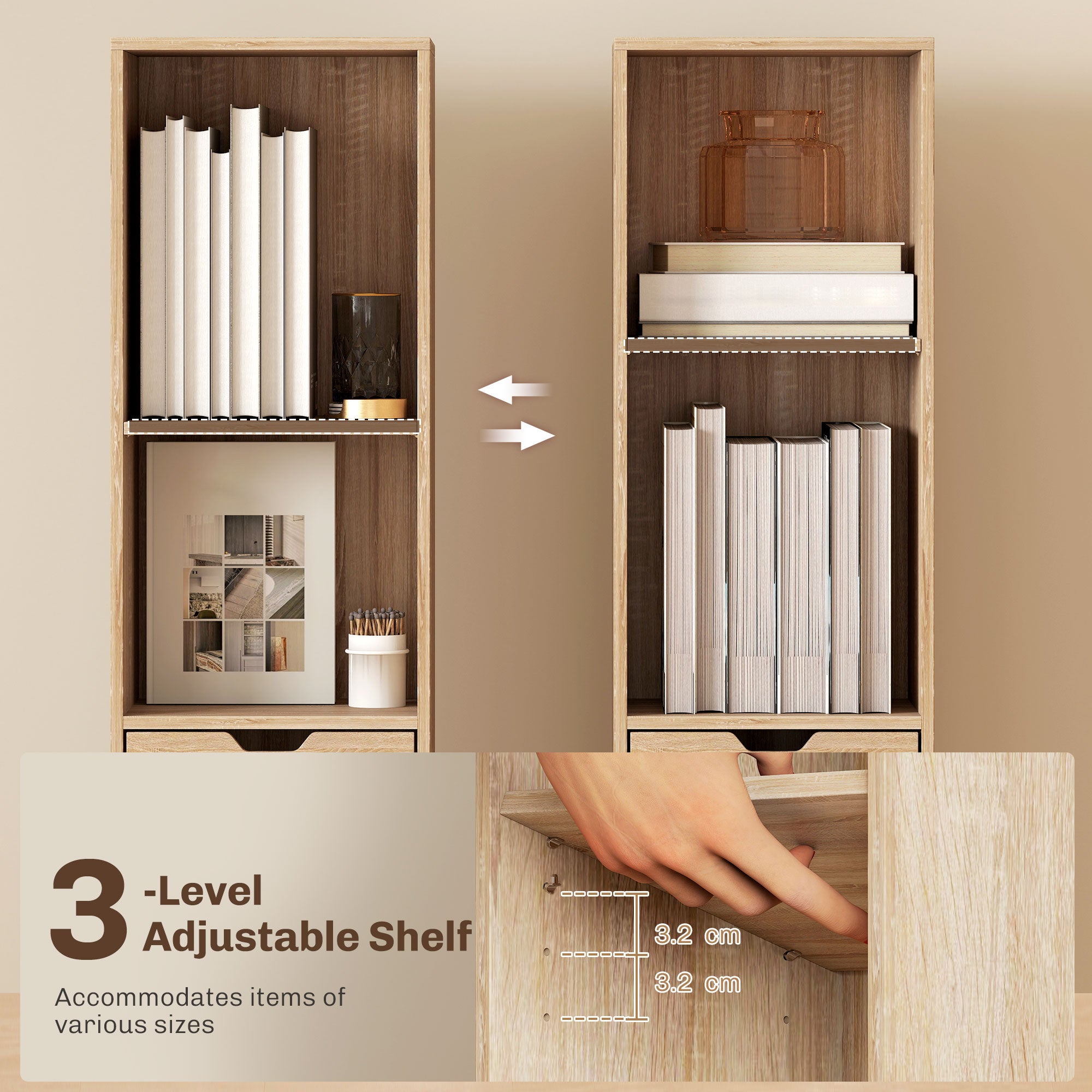 HOMCOM 6-Tier Bookcase, Tall Narrow Bookshelf with Drawer and Door - Natural Wood Finish