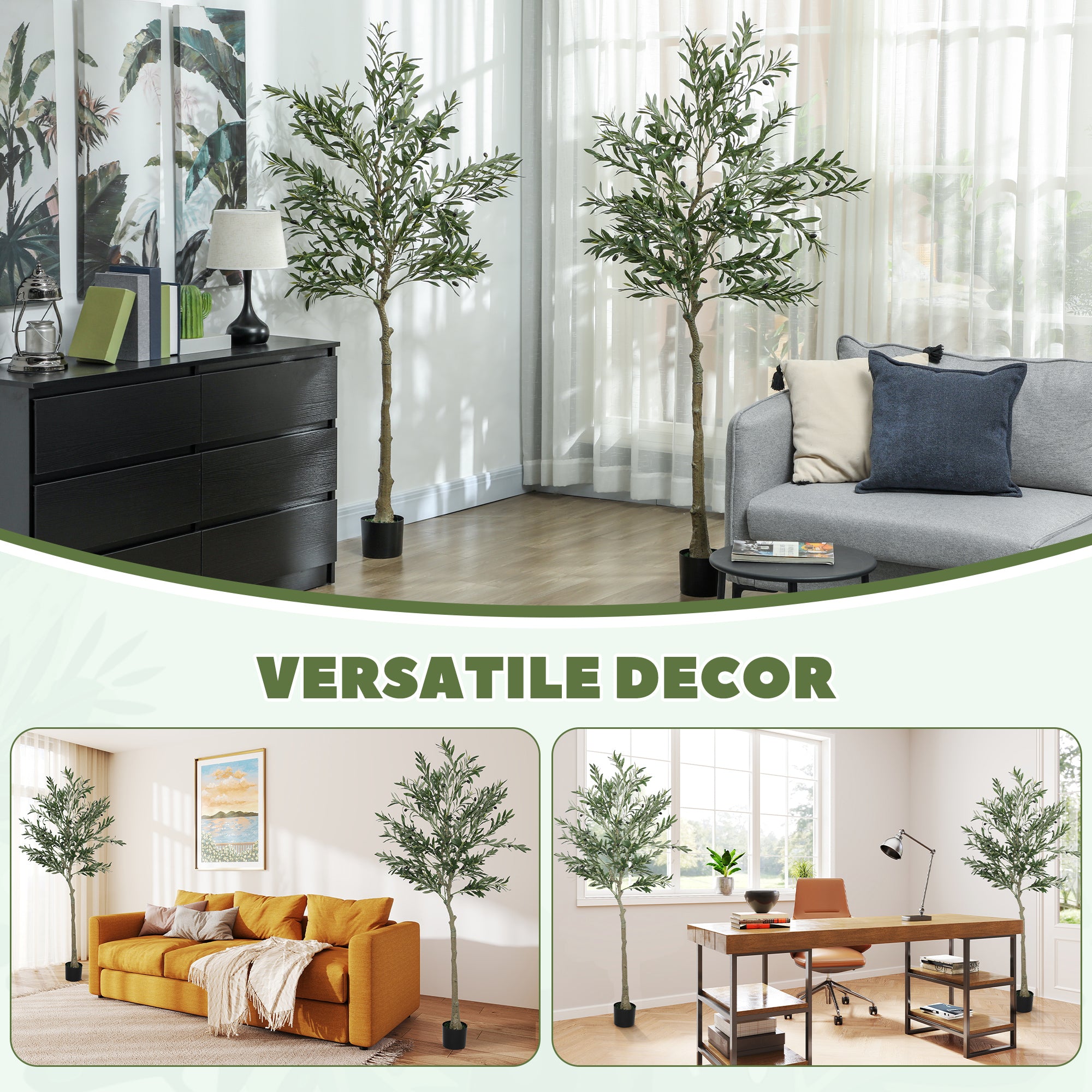 HOMCOM Set of 2 6ft/ 180cm Decorative Artificial Plant, Silk Olive Tree with 900 Leaves and 40 Olive Fruits in Pot, Fake Plant for Home, Office, Living Room, Indoor Decor - North Peak Garden Furniture