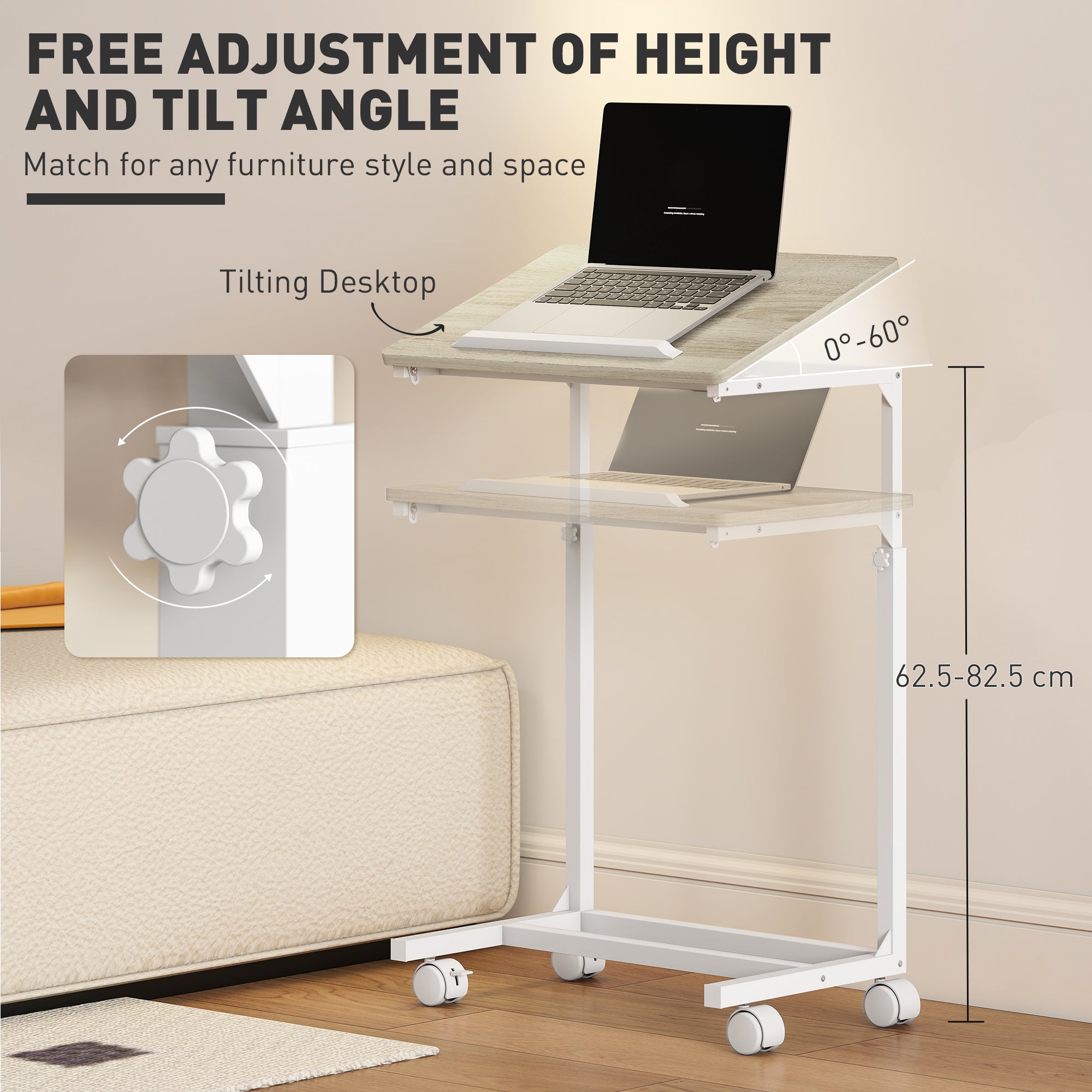 HOMCOM C-Shaped Sofa Side Table, Height Adjustable Overbed Table with Tilting Desktop, Mobile Laptop Desk for Living Room Bedroom, Oak and White - North Peak Garden Furniture