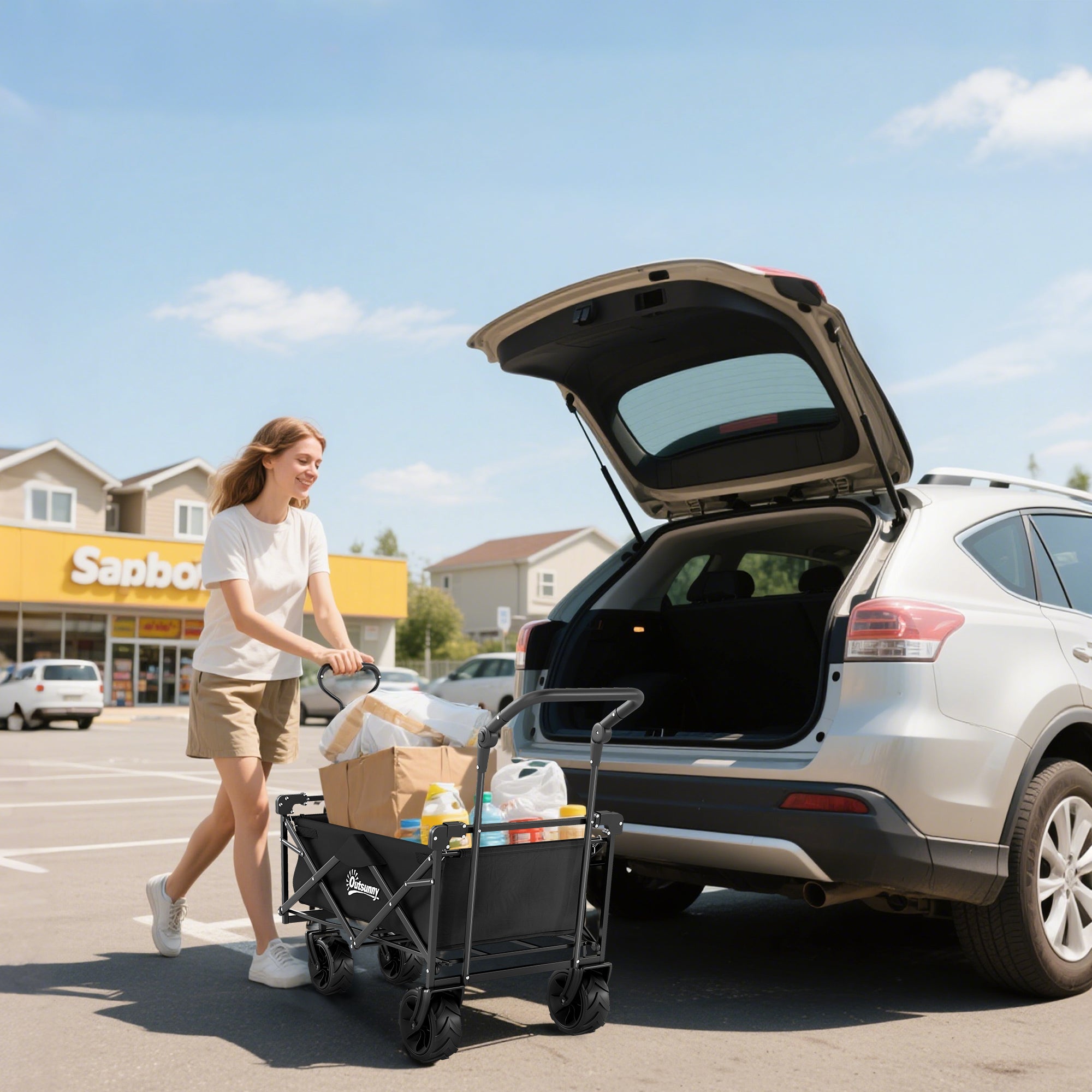 Outsunny Folding Trolley Cart Storage Wagon Beach Trailer 4 Wheels with Handle Overhead Canopy Cart Push Pull for Camping, Black - North Peak Garden Furniture