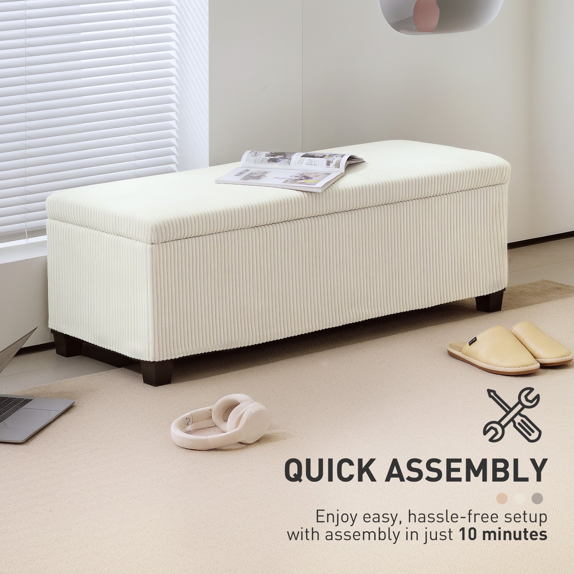 HOMCOM Storage Ottoman Bench, Corduroy Footstool with Removable Lid and Legs, 112cm Storage Chest Box for Living Room, Bedroom, Hallway, Beige - North Peak Garden Furniture