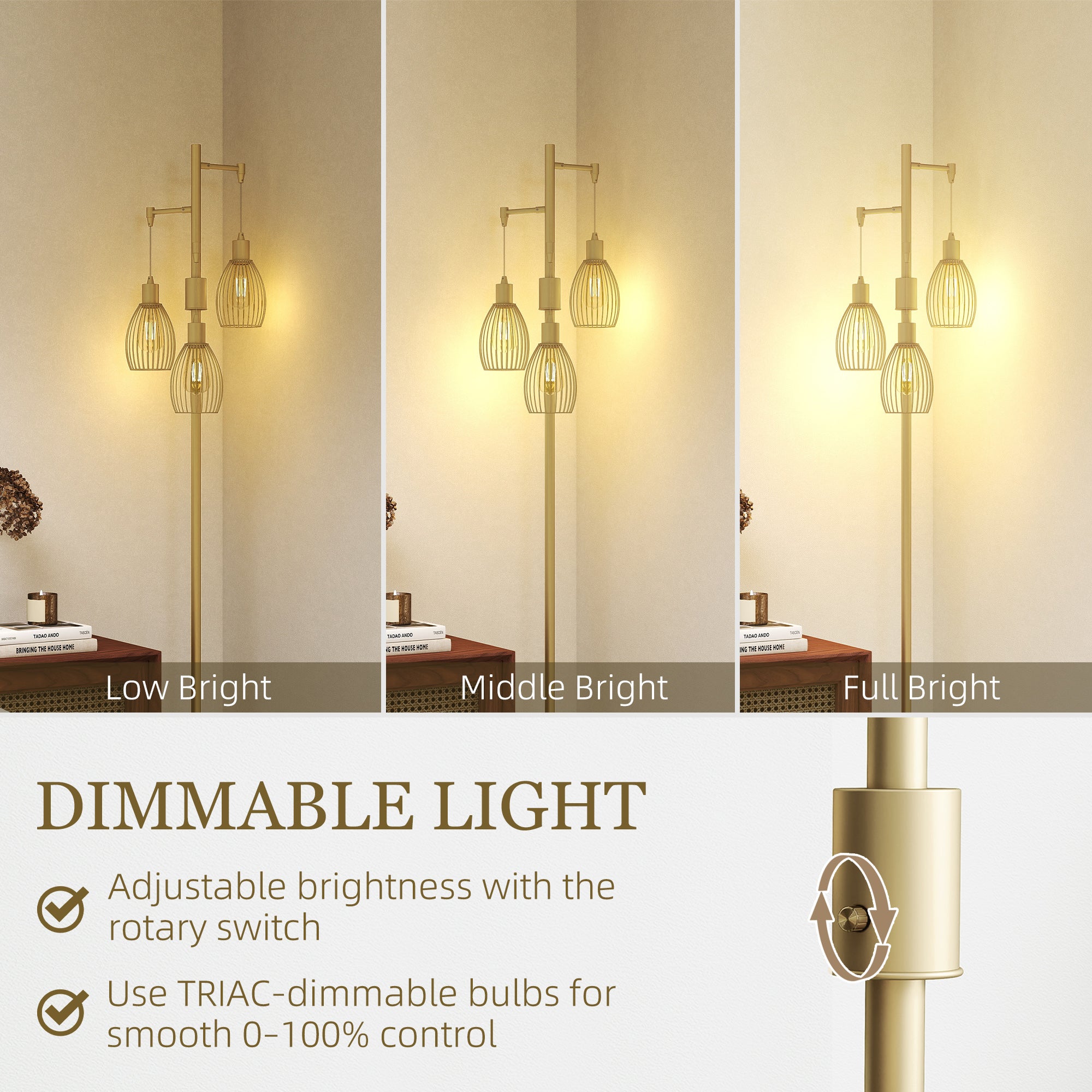 HOMCOM 170cm Industrial 3-Light Floor Lamp, Dimmable Standing Lamp with Steel Lampshades for Living Room, Bedroom, Dinging Room, Study, Gold Tone