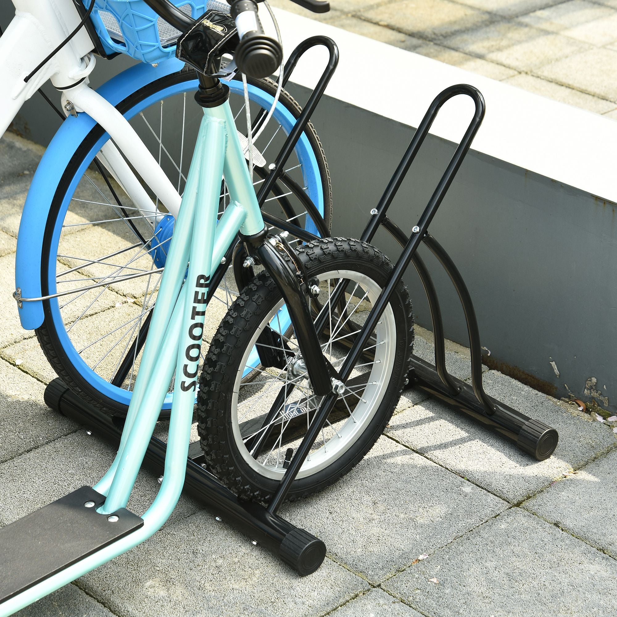 HOMCOM 2 Bike Floor Parking Stand Rack Indoor Outdoor Ground Reversible - Black - North Peak Garden Furniture