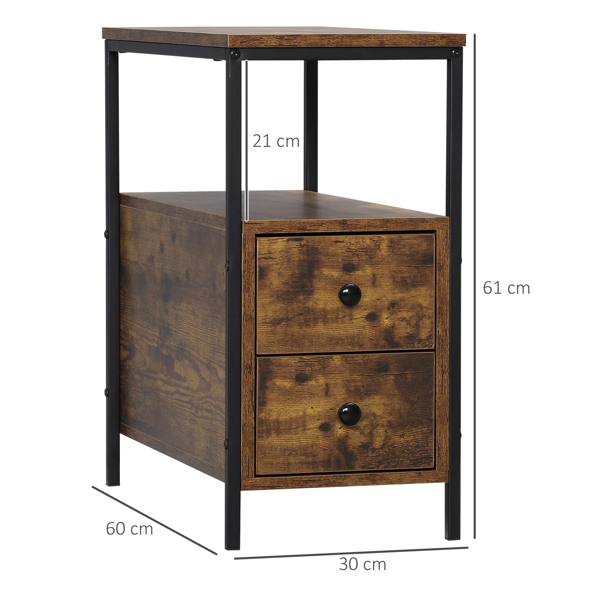 HOMCOM Side Table, Narrow Bedside Table with 2 Drawers and Storage Shelf, Industrial End Table with Metal Frame for Small Spaces, Rustic Brown - North Peak Garden Furniture