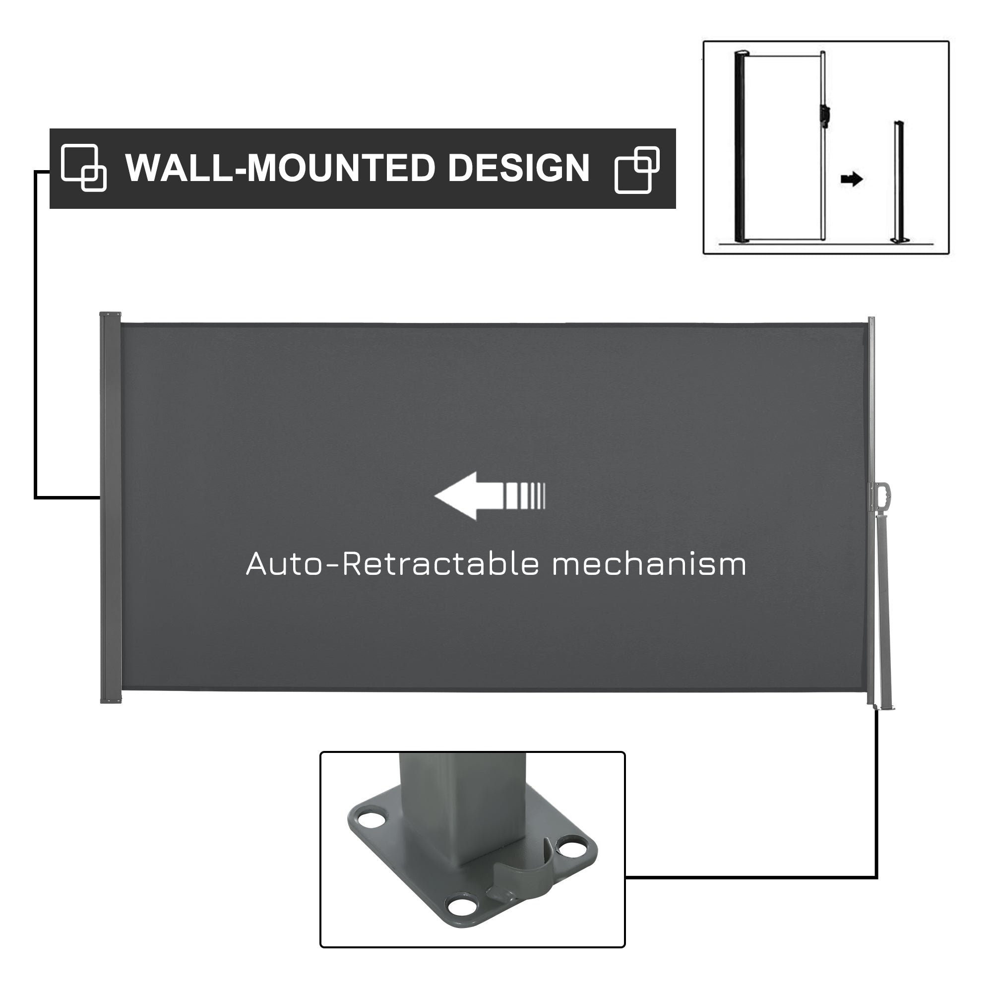 Outsunny Retractable Sun Side Awning Screen Fence Patio Garden Wall Balcony Screening Panel Outdoor Blind Privacy Divider (3x1.6M, Grey) - North Peak Garden Furniture