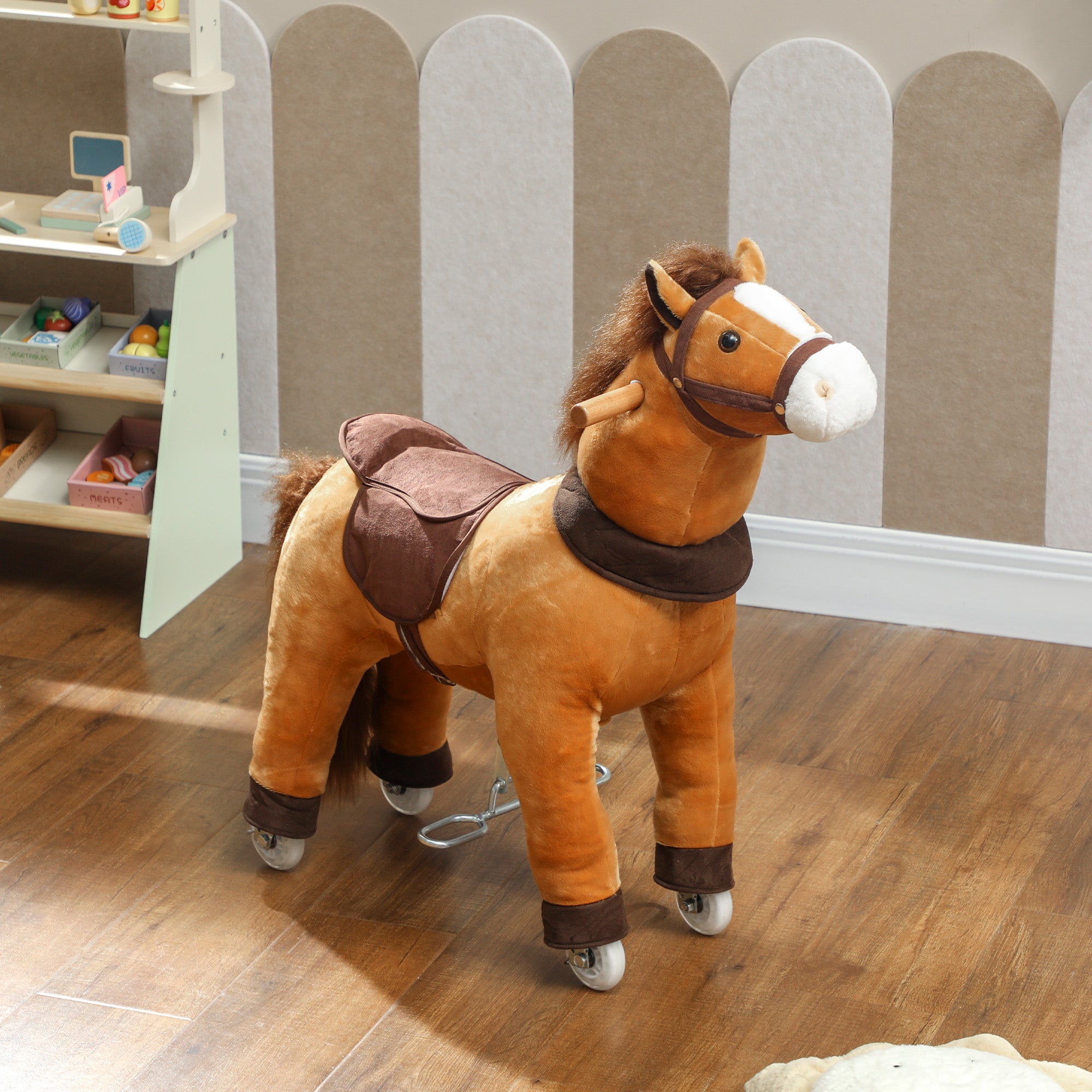 AIYAPLAY Ride On Horse, Plush Walking Horse Toy with Wheels and Saddle for Ages 3-5 Years Old, Dark Brown