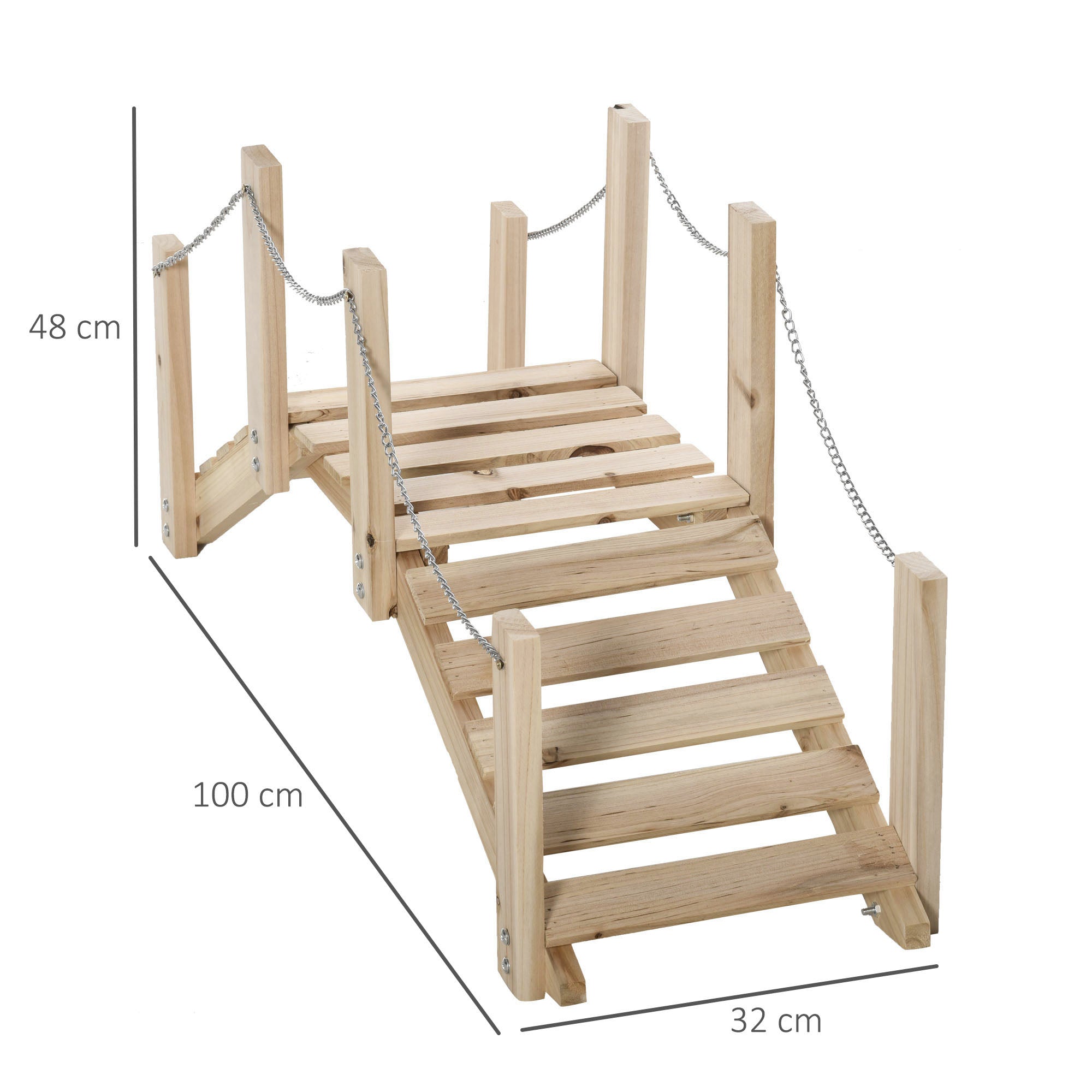 Outsunny Small Fir Wooden Garden Bridge, Arch Walkway with Metal Chain Railings for Landscape Creek Pond, Natural Wood
