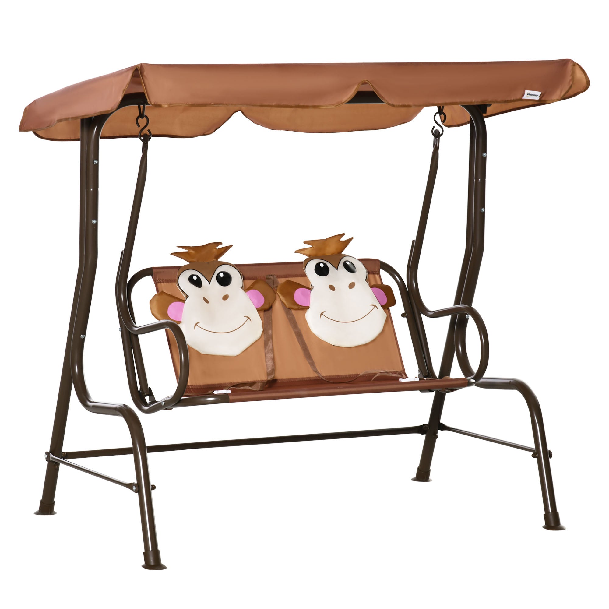Outsunny 2 Seater Kids Garden Swing Seat, Children Outdoor Patio Lounge Chair for Gardens w/ Adjustable Awning, Seatbelt, Monkey Pattern - Brown - North Peak Garden Furniture
