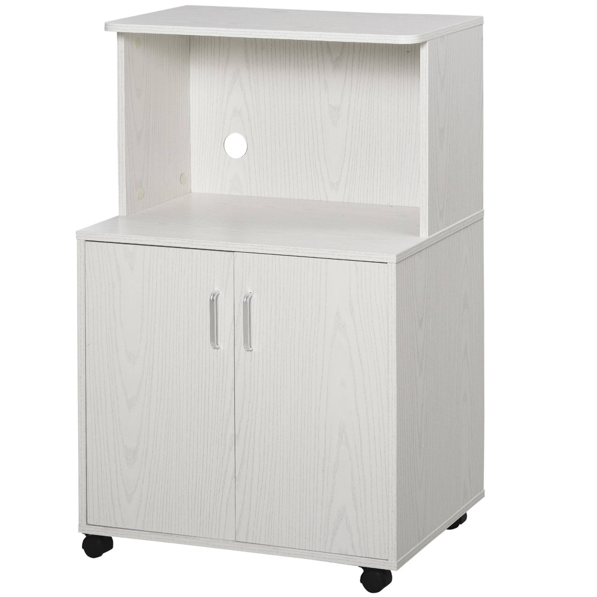 HOMCOM Kitchen Storage Unit, Modern Microwave Stand Trolley Cart, Sideboard with Cabinet,  Locking Wheels, Shelf for Living Room, Dining Room, White