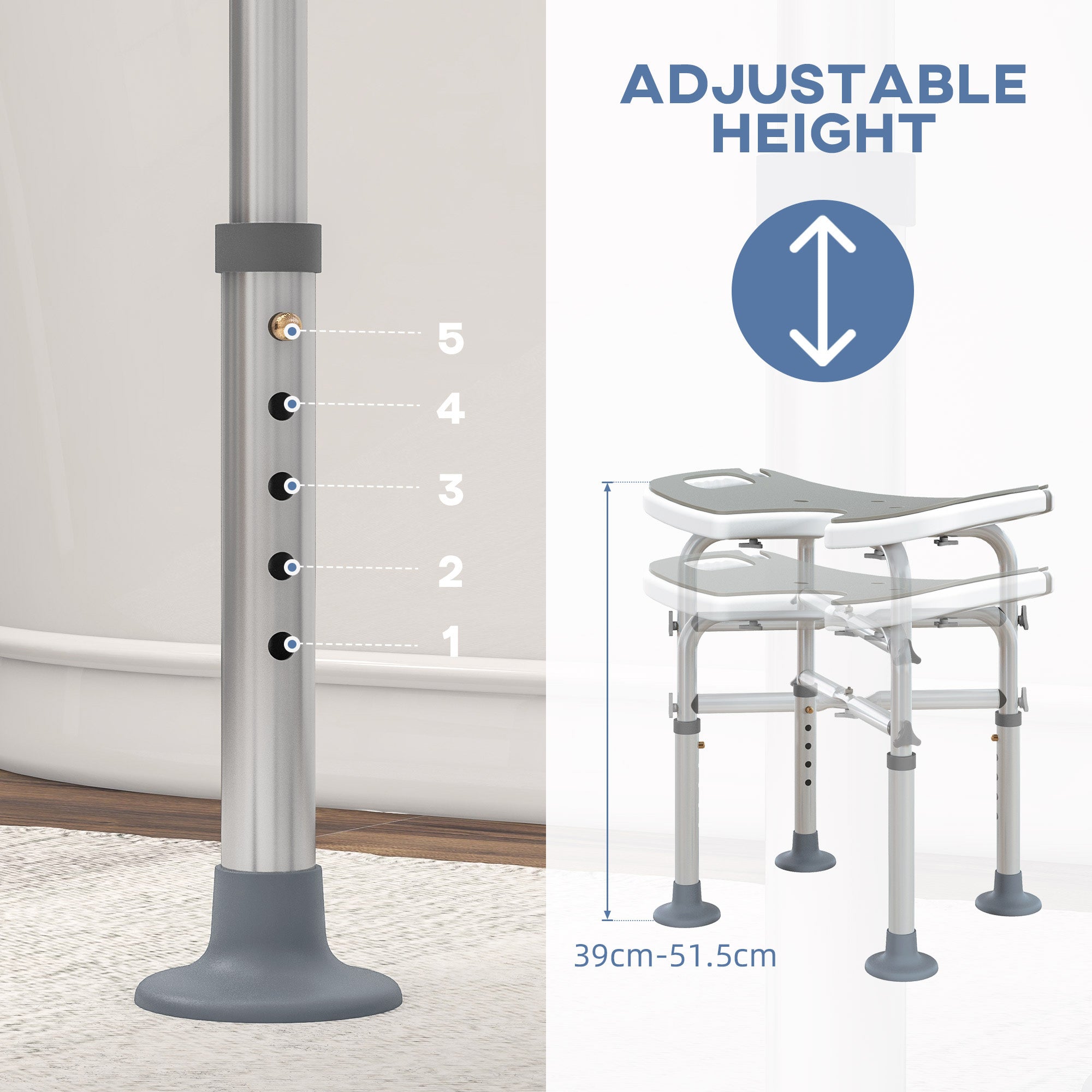 HOMCOM 39-51.5cm 'U' Seat Padded Shower Stool - Grey - North Peak Garden Furniture