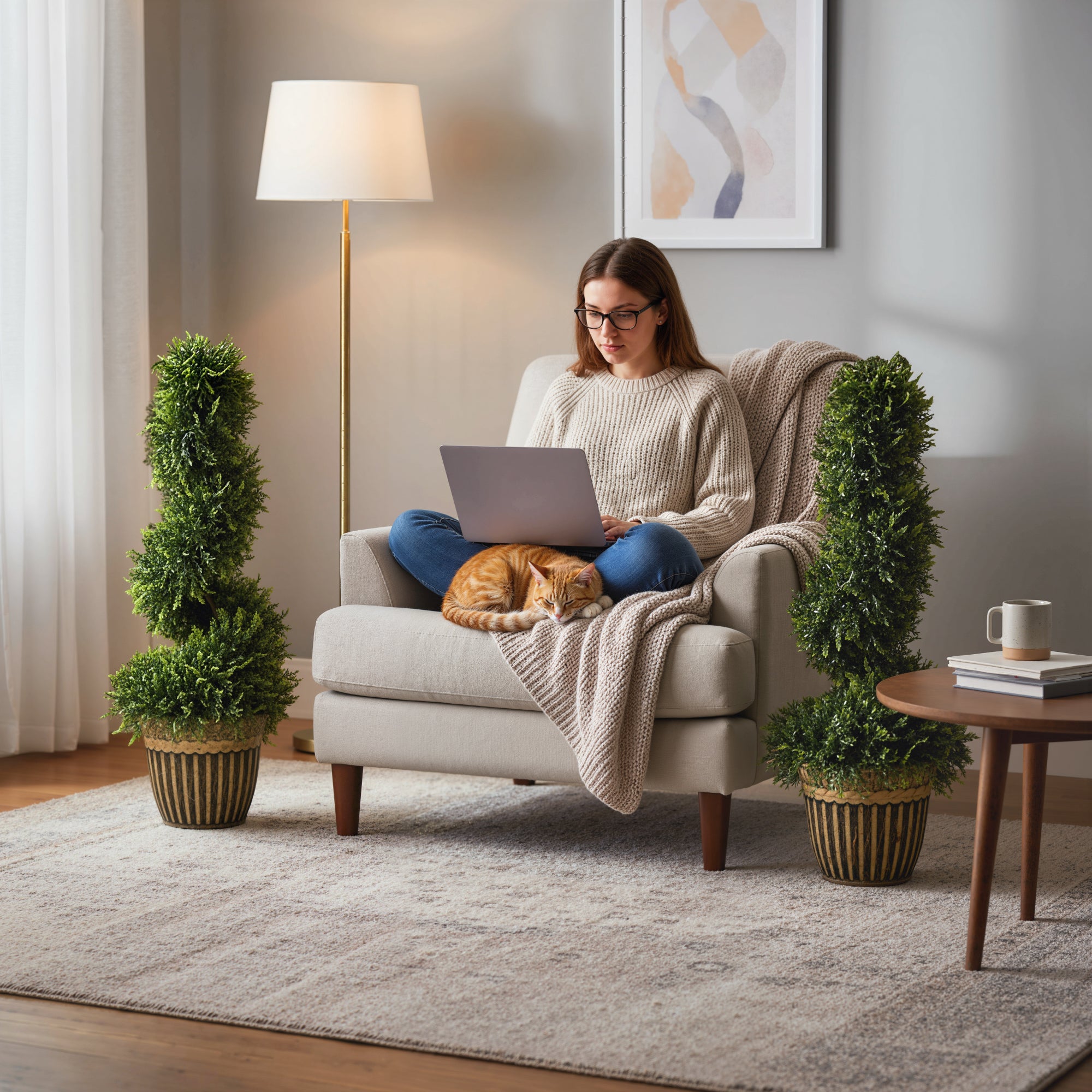 HOMCOM Set of 2 Artificial Plants, Topiary Spiral Boxwood Cypress Trees with Pot, for Home Indoor Outdoor Decor, 90cm