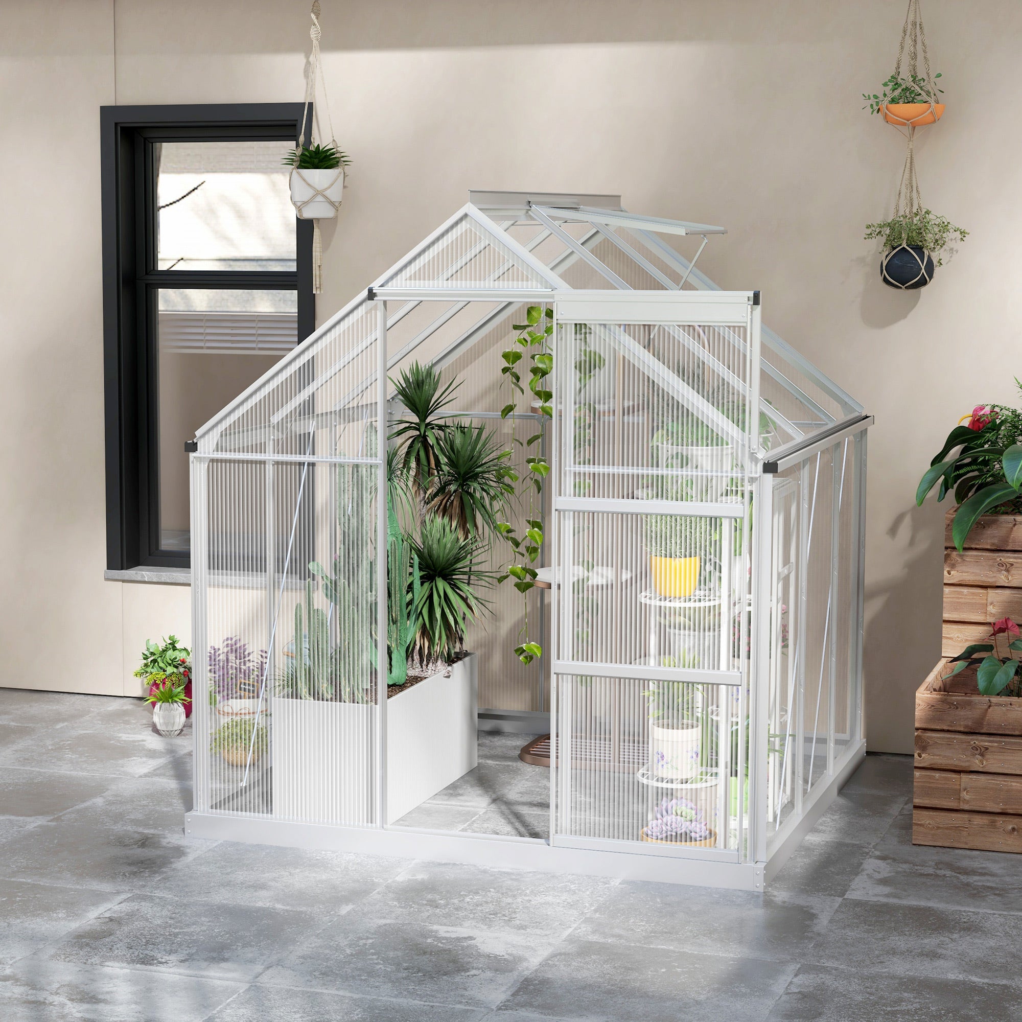 Outsunny 6 x 6ft Walk-In Greenhouse, Polycarbonate Greenhouse with Sliding Door, Window, Aluminium Frame, Foundation, Silver