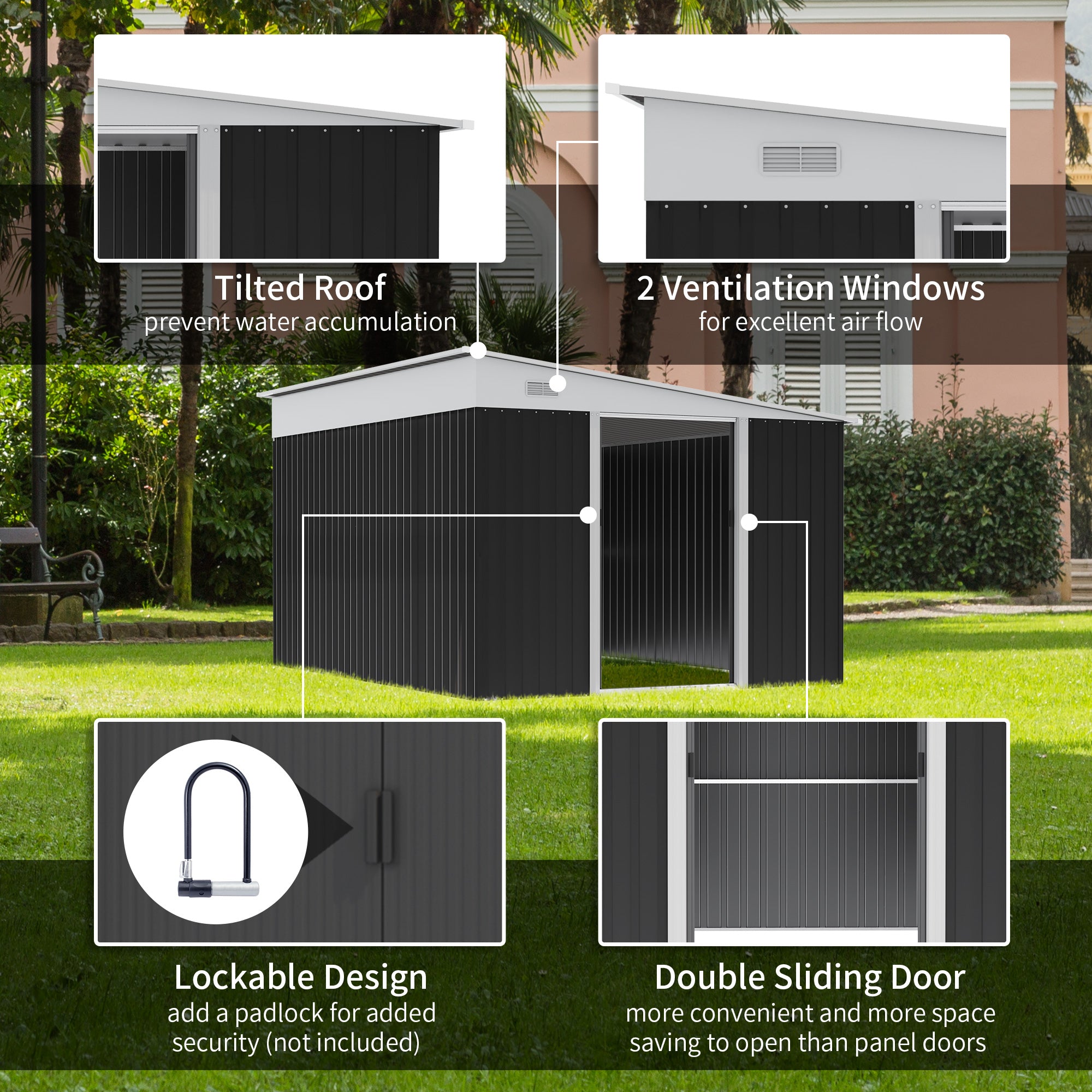 Outsunny 3.3 x 2.68m Corrugated Metal Shed - Black - North Peak Garden Furniture