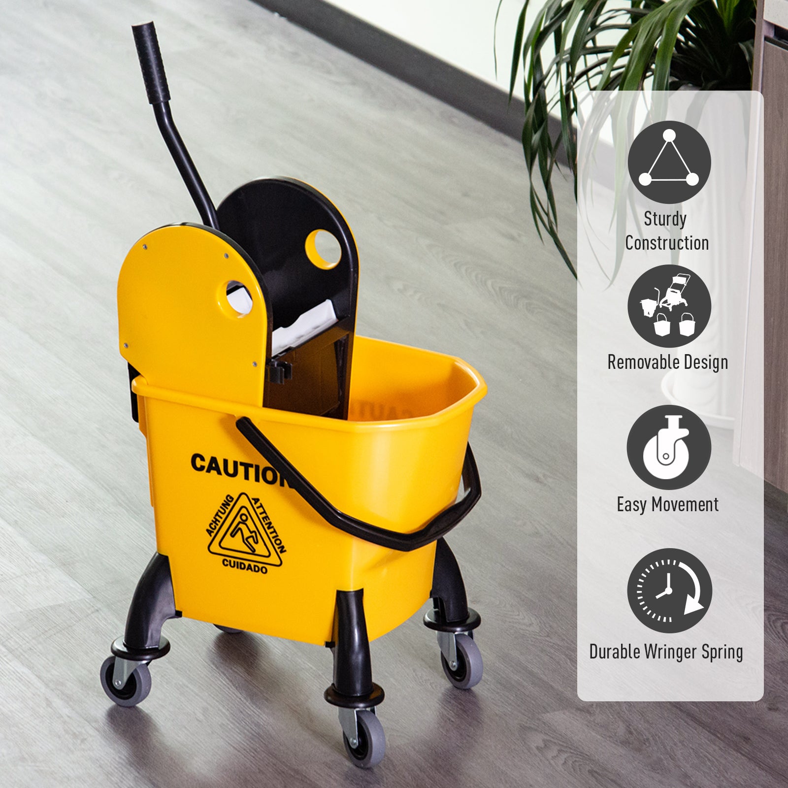 HOMCOM 26L Mop Bucket & Water Wringer w/ 4 Wheels Plastic Body Metal Handle Pole Holder Home Commercial Cleaning Floor Cart Yellow - North Peak Garden Furniture