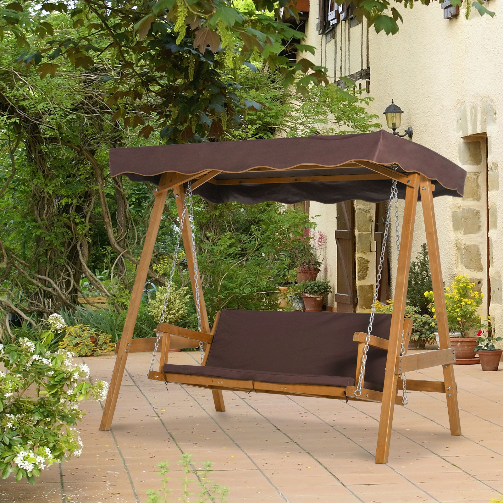 Outsunny 3 Seater Garden Swing Seat Outdoor Swing Chair with Adjustable Canopy, Wooden Hammock Bench with Padded Cushions for Patio Yard, Brown - North Peak Garden Furniture