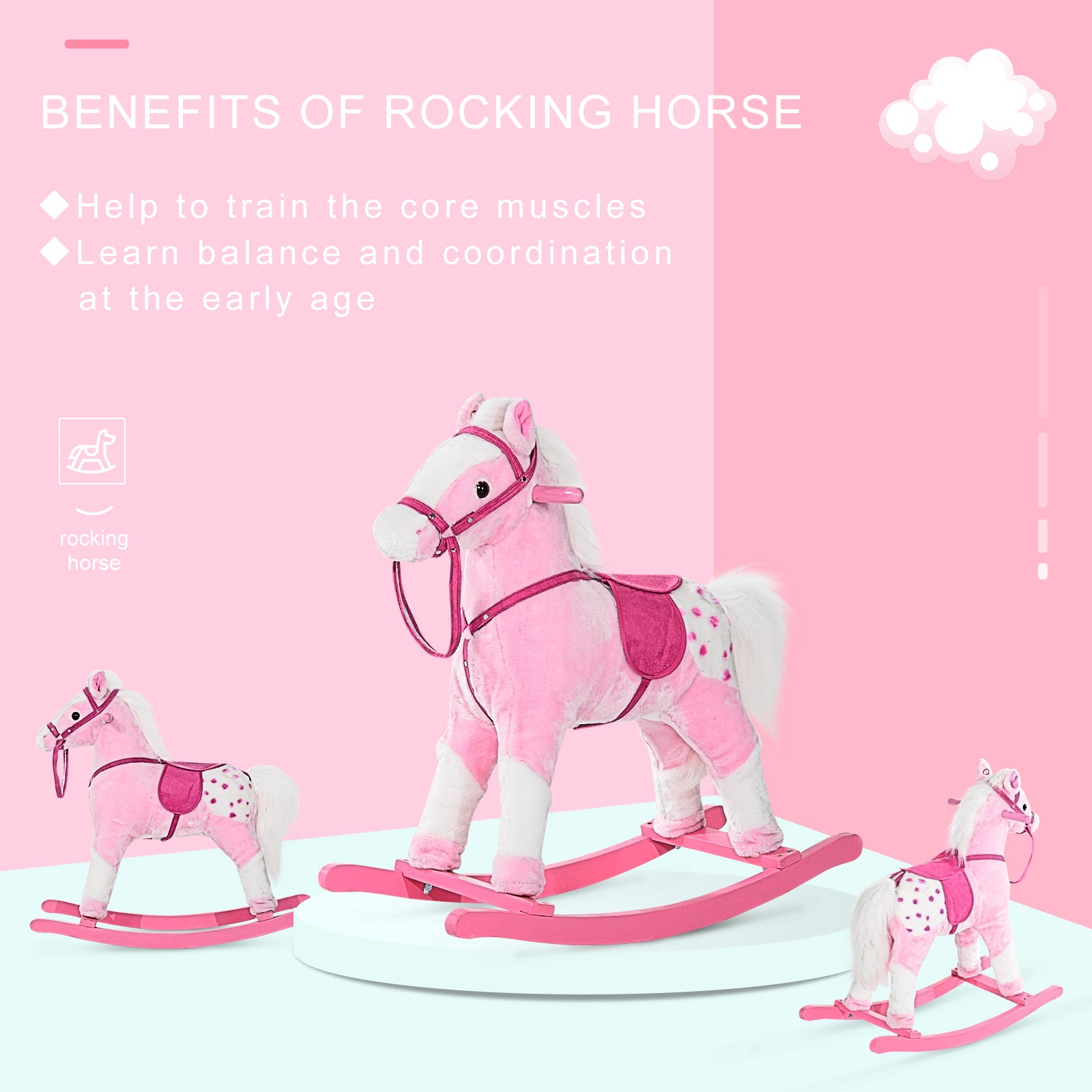 HOMCOM Baby Rocking Horse Plush Ride on Animals Rocker with Sound Handle Grip for Kids 3-6 Years - Pink - North Peak Garden Furniture