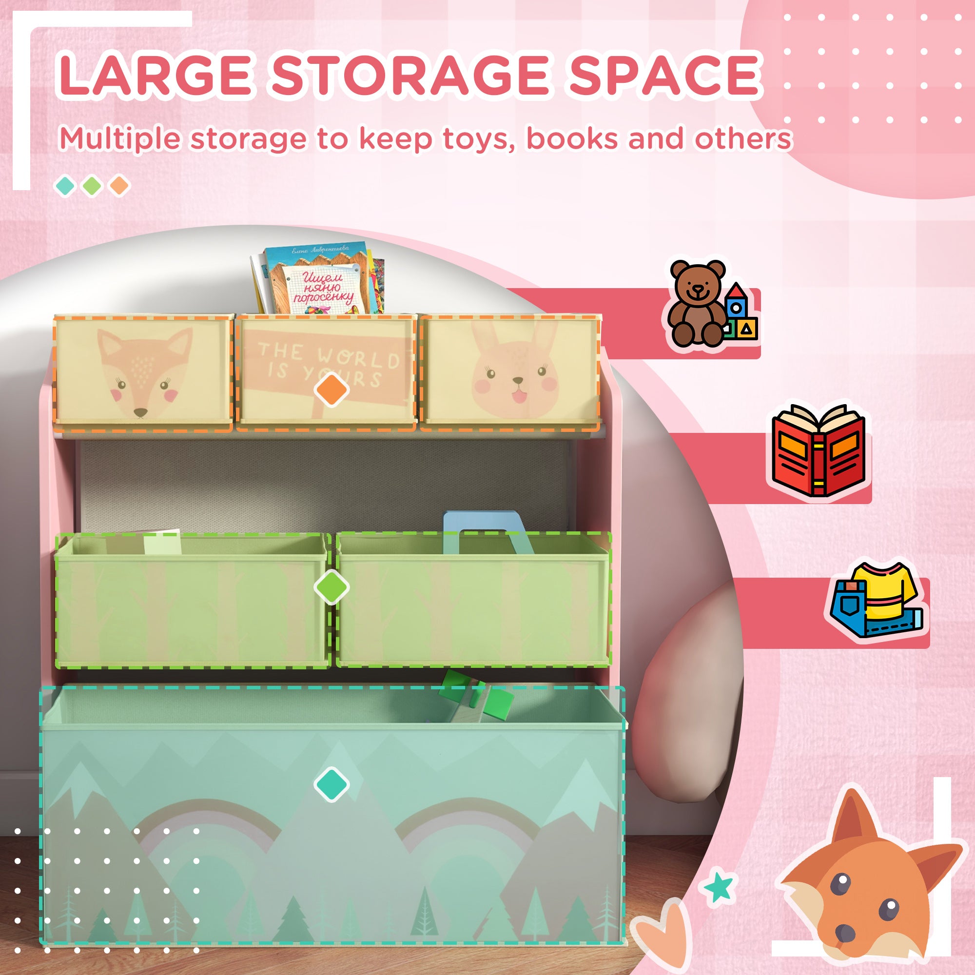 ZONEKIZ Kids Storage Unit, Toy Storage Organiser, with Six Fabric Bins, for Bedrooms, Playrooms, Nurseries - Pink - North Peak Garden Furniture