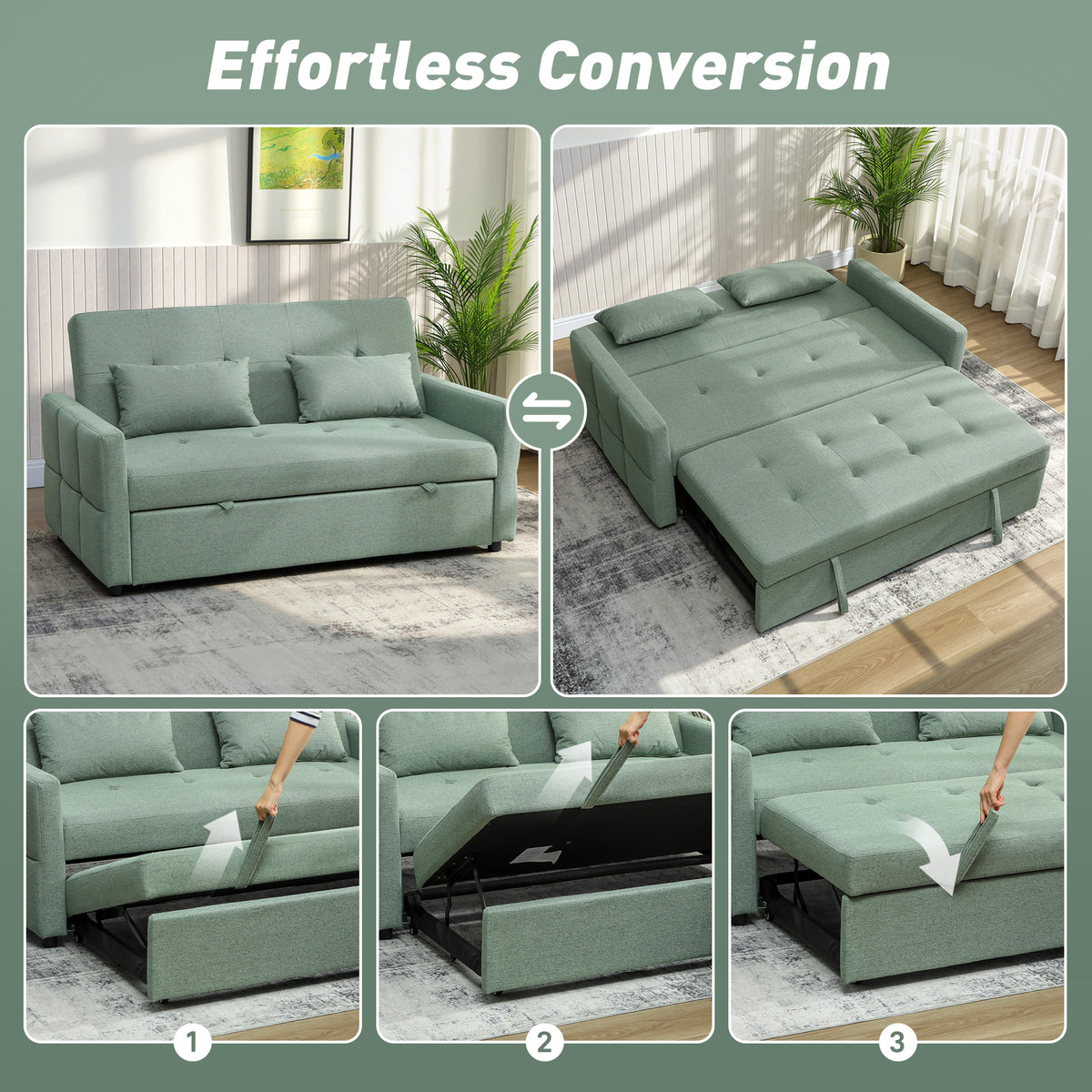 HOMCOM Three-Way 2 Seater Sofa Bed with Three-position back and Two Soft Pillows - Green