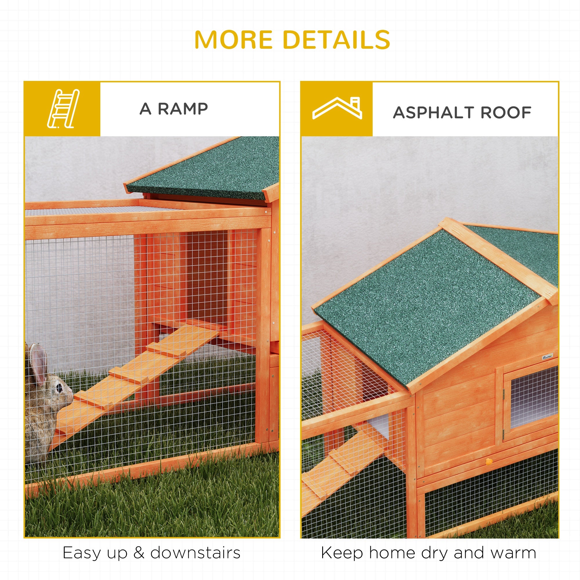 PawHut Wooden Rabbit Hutch with Run, Tray, Ramps, Asphalt Roof, 309 x 70 x 87cm, Orange - North Peak Garden Furniture