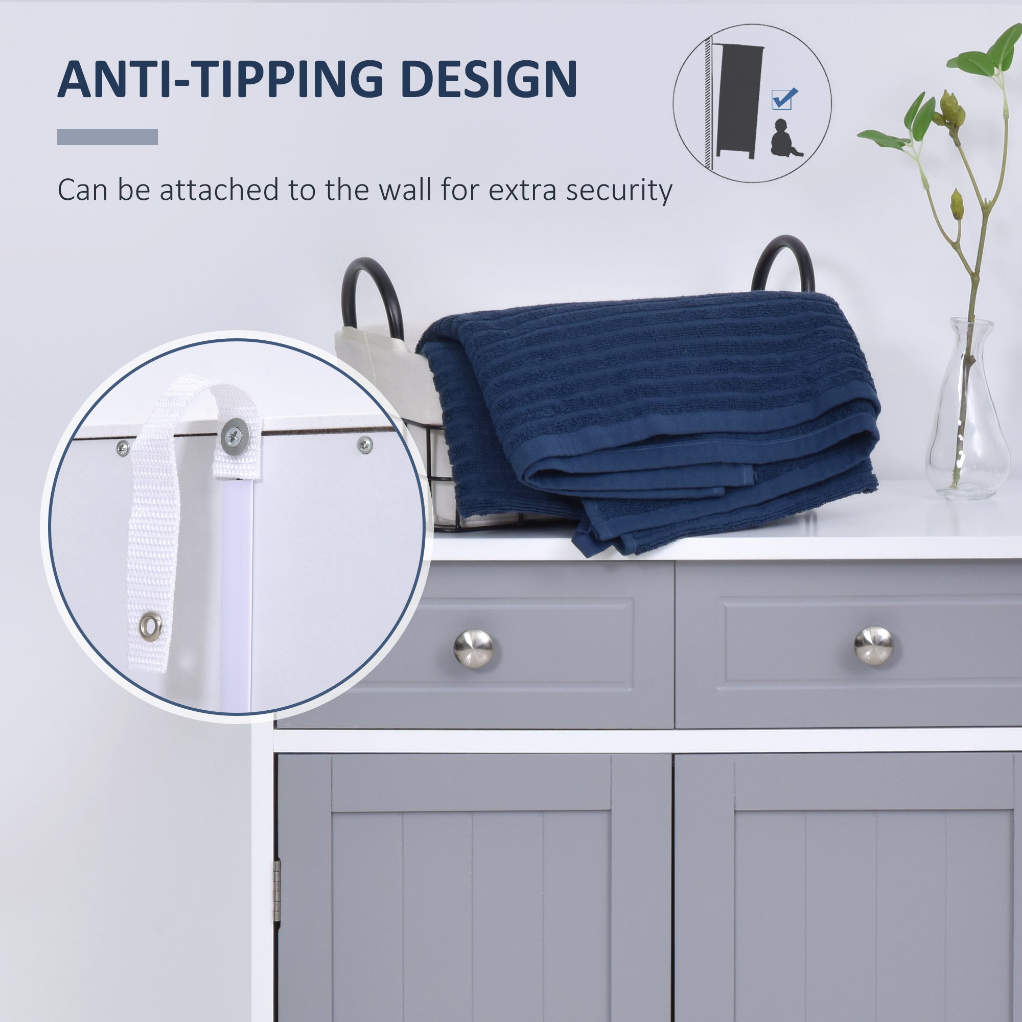 kleankin 75x60cm Freestanding Bathroom Storage Cabinet Unit w/ 2 Drawers Cupboard Adjustable Shelf Metal Handles Traditional Style Grey White - North Peak Garden Furniture