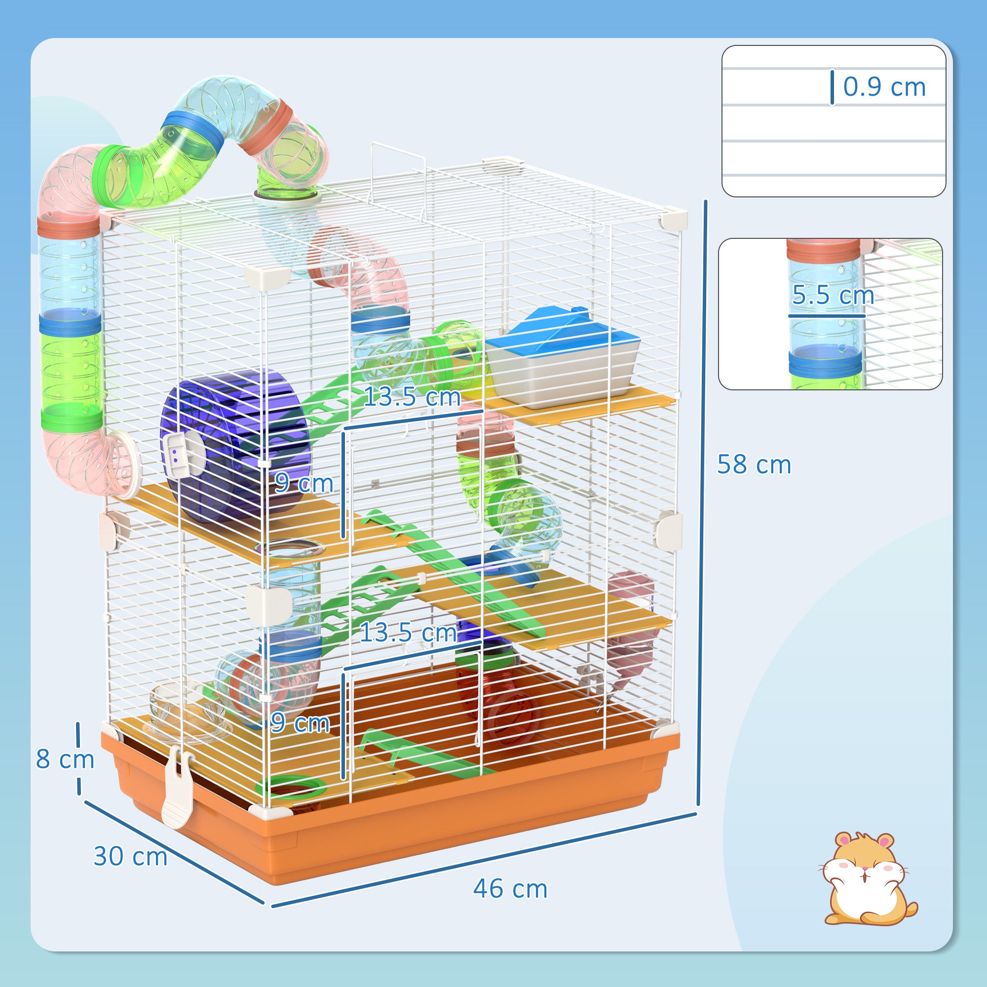 PawHut 5 Tier Hamster Cage Carrier Habitat w/ Exercise Wheels, Tunnel, Orange - North Peak Garden Furniture