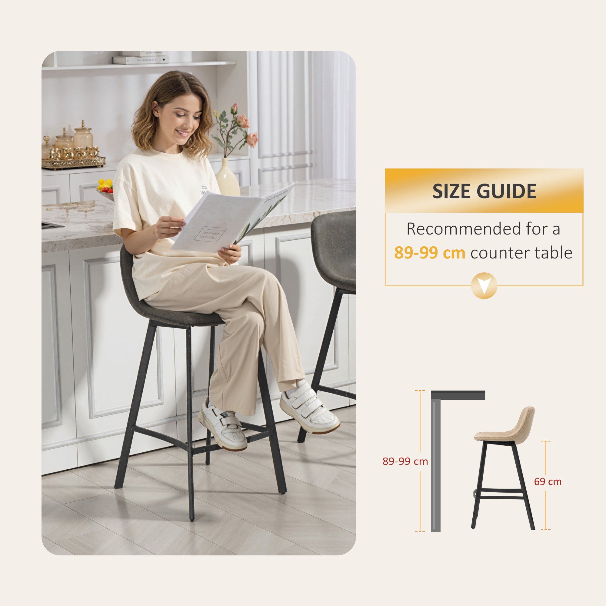 HOMCOM Bar Stools Set of 2, PU Leather Dining Stools with Backrest, Footrest, for Kitchen, Counter, Breakfast Bar, Grey