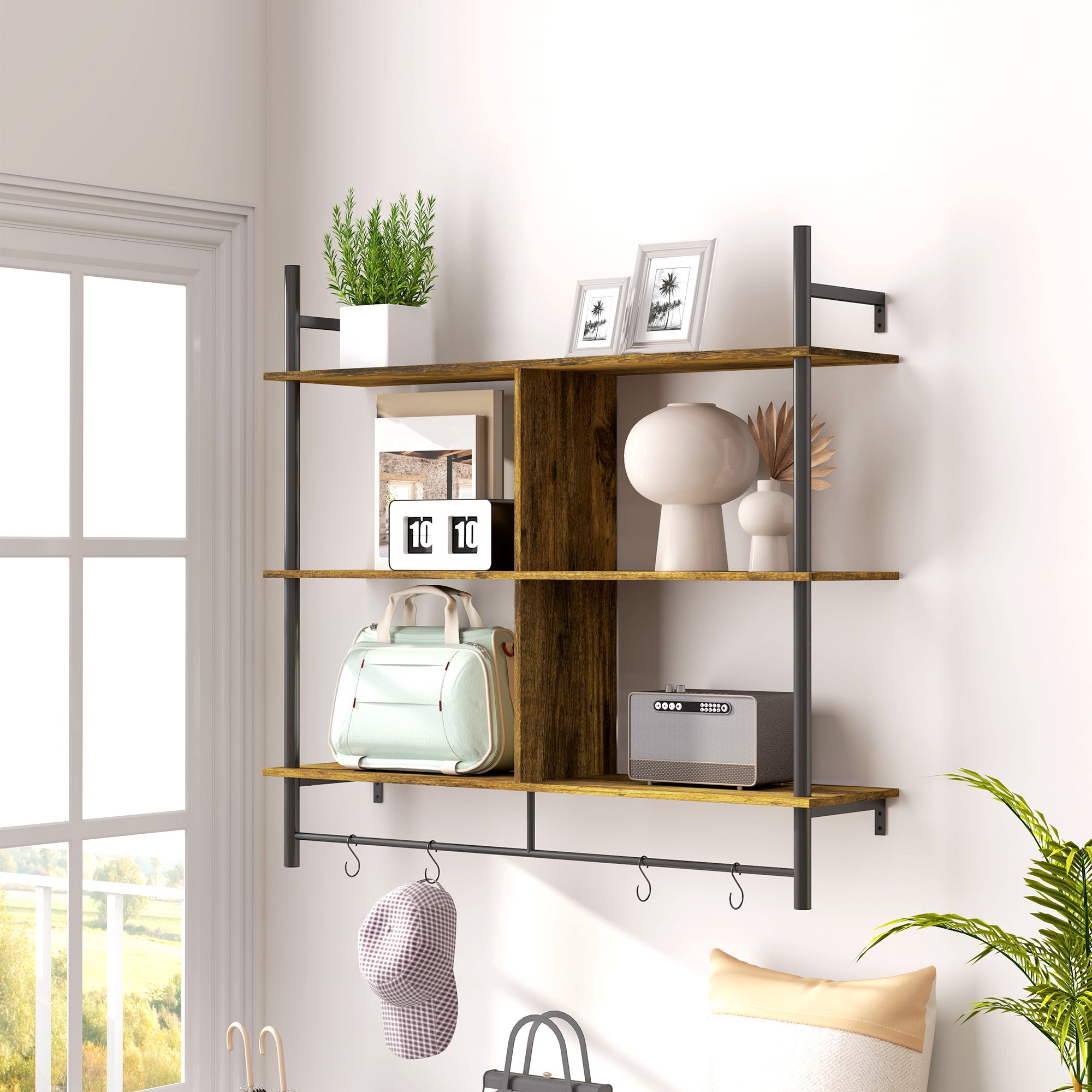 HOMCOM Three-Tier Floating Shelf - Brown/Black - North Peak Garden Furniture