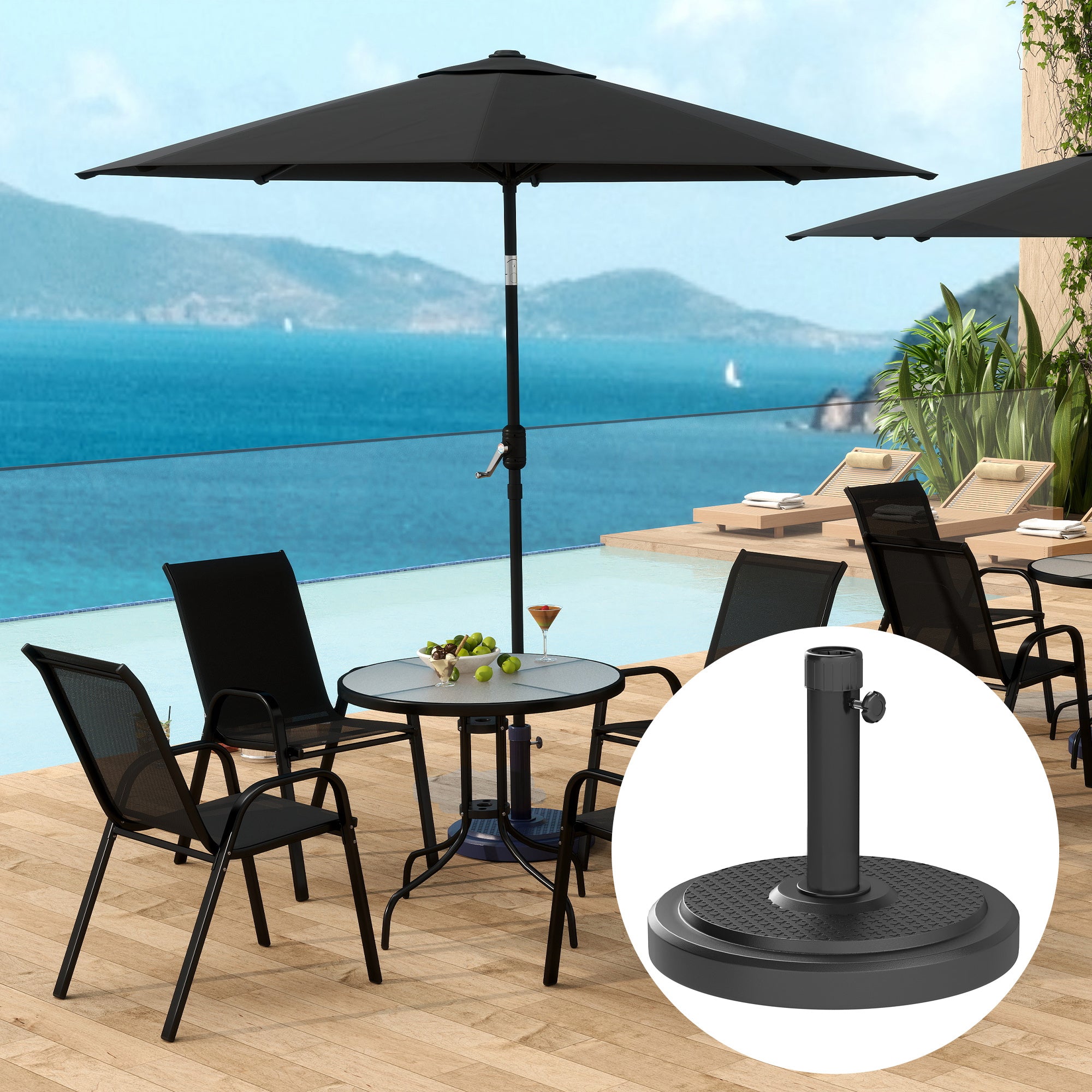 Outsunny 22kg Garden Parasol Base, Round HDPE Sun Umbrella Base, Heavy Duty Outdoor Umbrella Stand for 38mm or 48mm Outdoor Umbrella Poles, Black