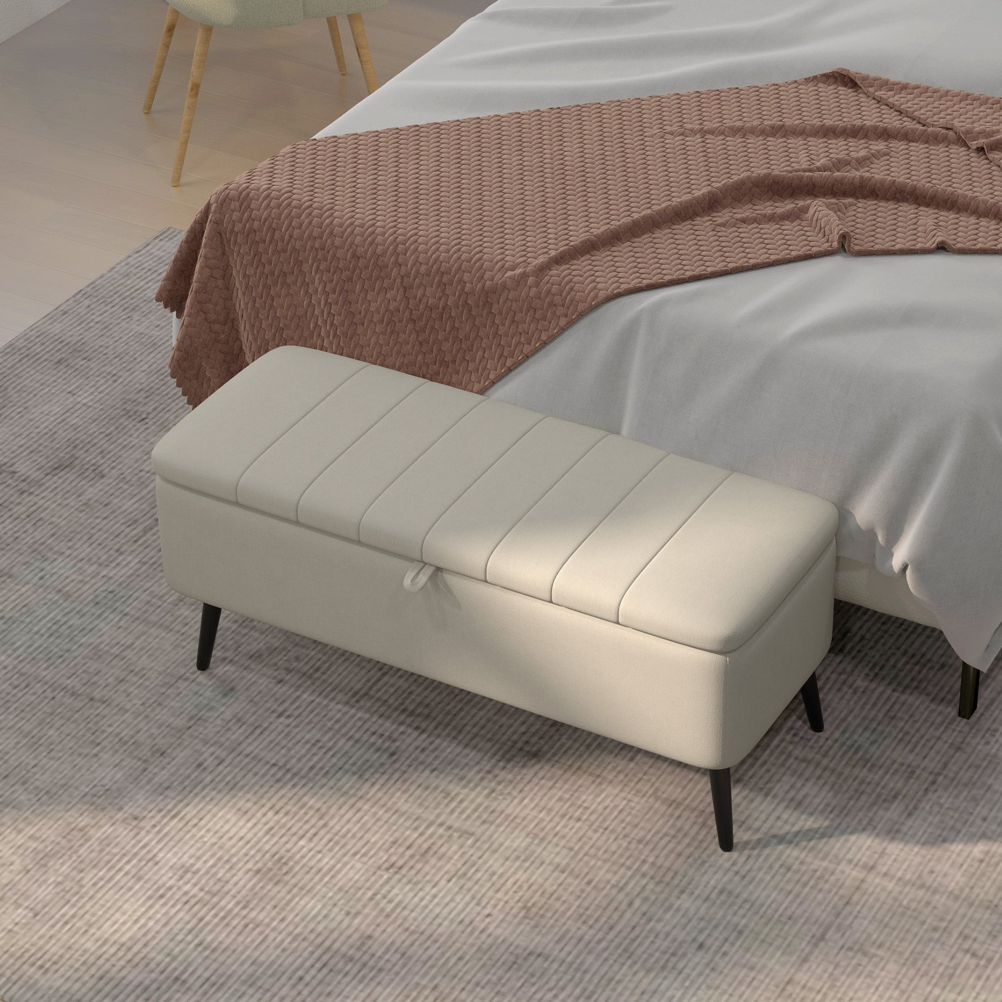 HOMCOM Linen-Look 92 x 31cm Storage Ottoman - Cream White - North Peak Garden Furniture