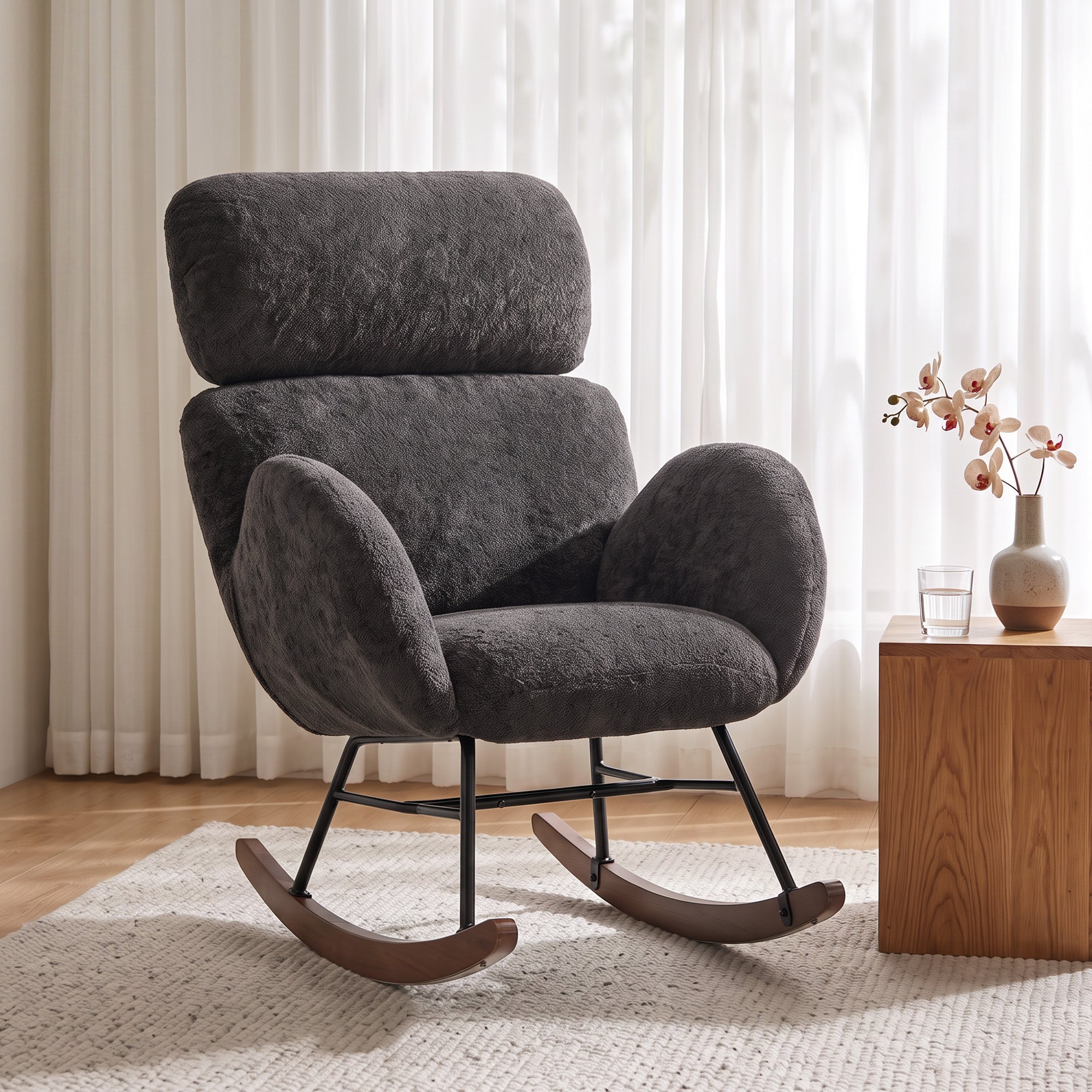 HOMCOM Upholstered Rocking Chair Adjustable Headrest Rocker Chair Raindrop Velvet Rubberwood Base Dark Grey