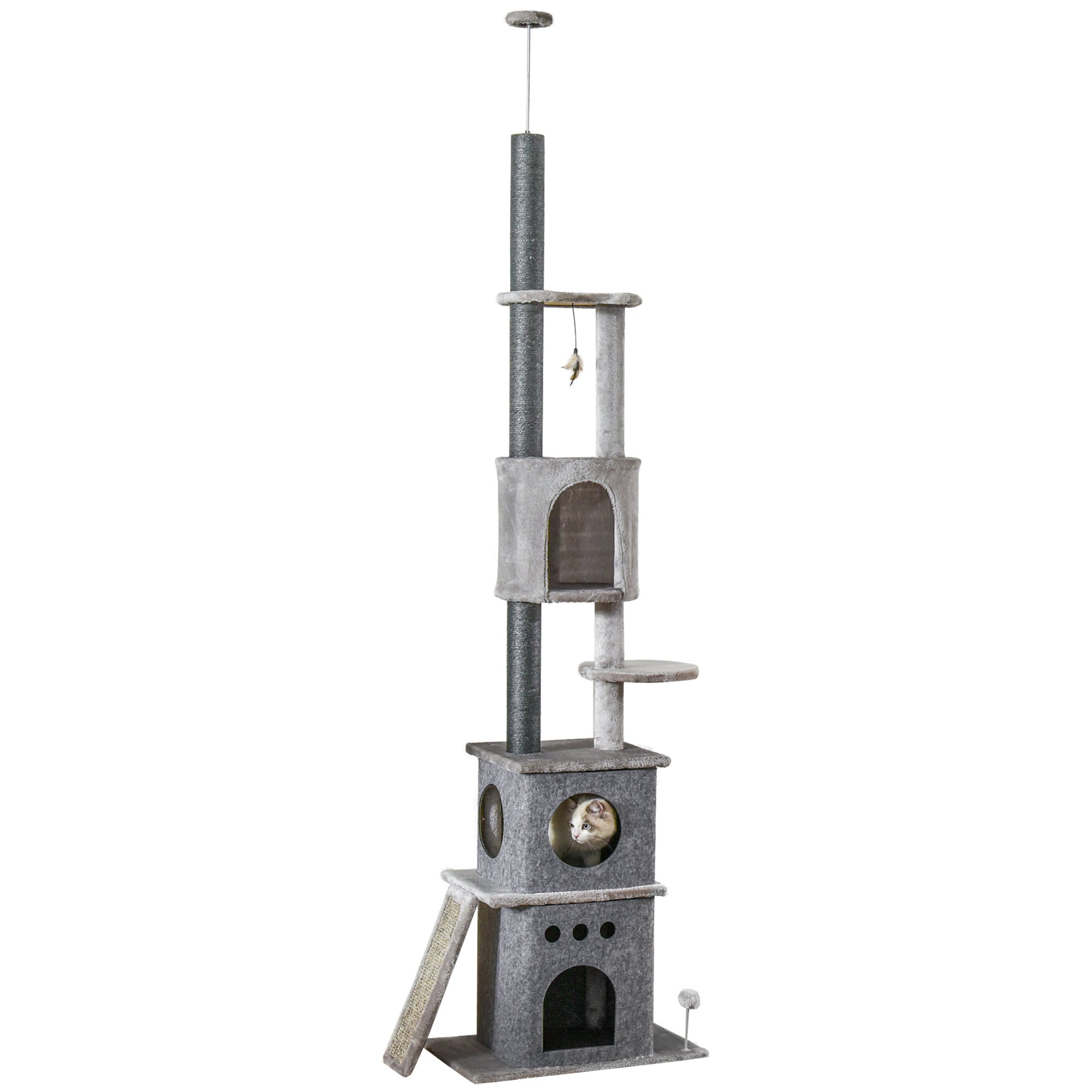 PawHut 255cm Floor To Ceiling Cat Tree for Indoor Cats Climber Scratching Post Adjustable Height Play Tower Removable Cover Grey - North Peak Garden Furniture