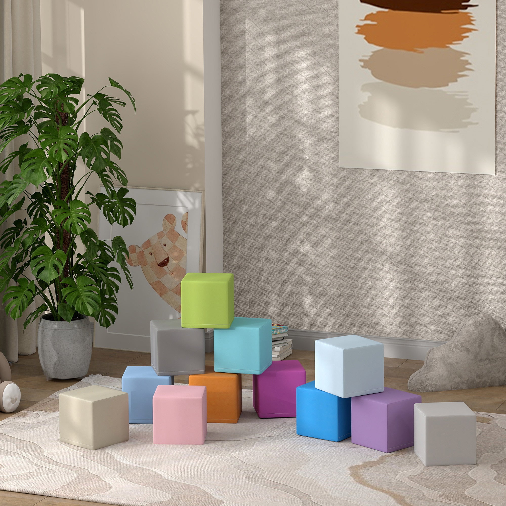 HOMCOM 12 PCs Soft Play Blocks, Soft Foam Toy, Building and Stacking Blocks for Kids, Blue - North Peak Garden Furniture