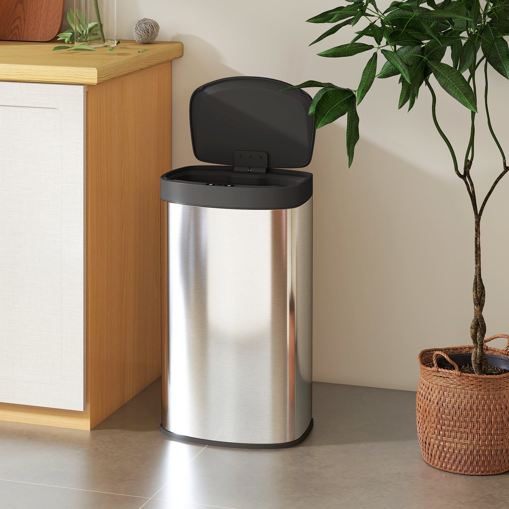 HOMCOM 55L Sensor Bin with Soft-Close Lid, Automatic Touchless Motion Sensor Kitchen Bin with Fingerprint Resistant Stainless Steel for Hygienic Gyms, Home Office Use, Silver Tone