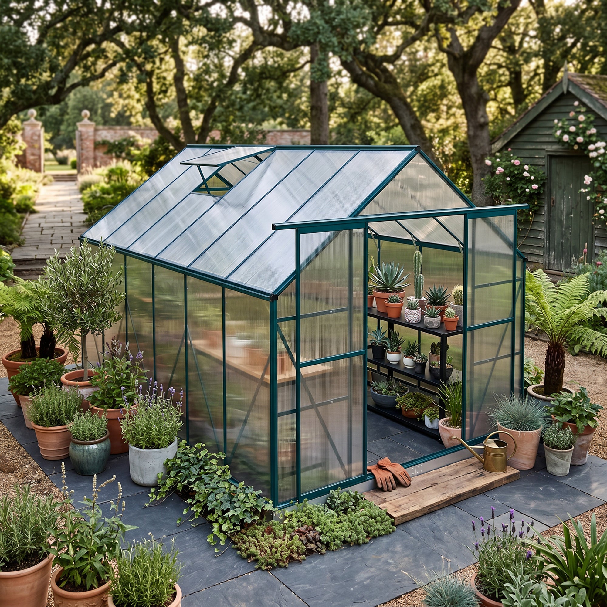 Outsunny 8 x 12ft Aluminium Greenhouse Polycarbonate Walk-in Garden Greenhouse Kit with Adjustable Roof Vent, Double Sliding Door, Rain Gutter and Foundation, Clear
