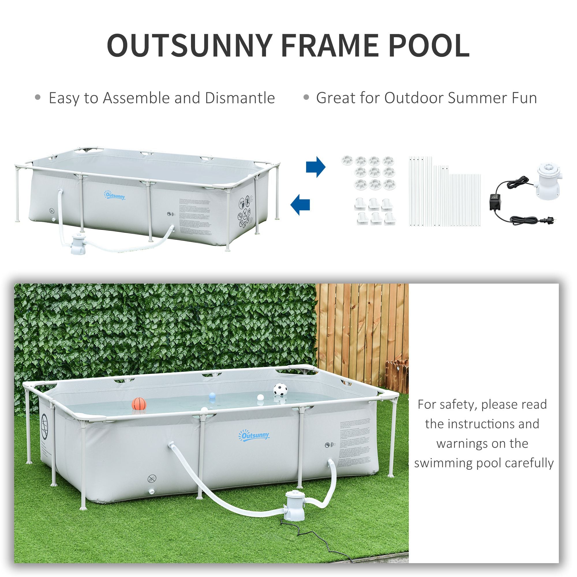 Outsunny Steel Frame Pool with Filter Pump, Filter Cartridge, Reinforced Sidewalls Rust Resistant Above Ground Swimming Pool 252 x 152 x 65cm, Grey