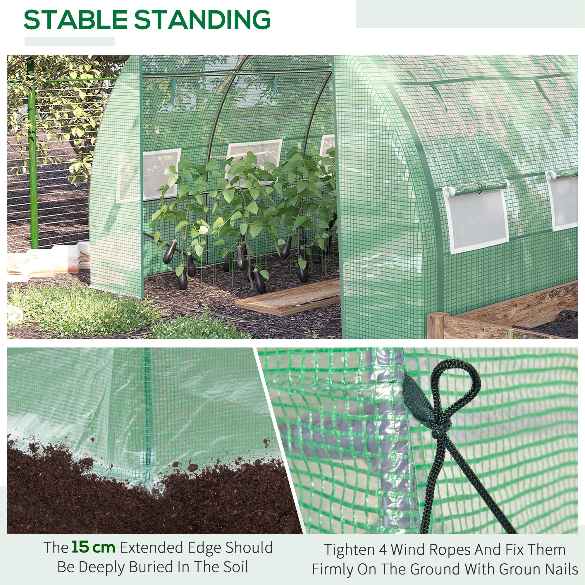 Outsunny Polytunnel Greenhouse Walk-in Grow House Tent with Roll-up Sidewalls, Zipped Door and 6 Windows, 3x3x2m Green - North Peak Garden Furniture