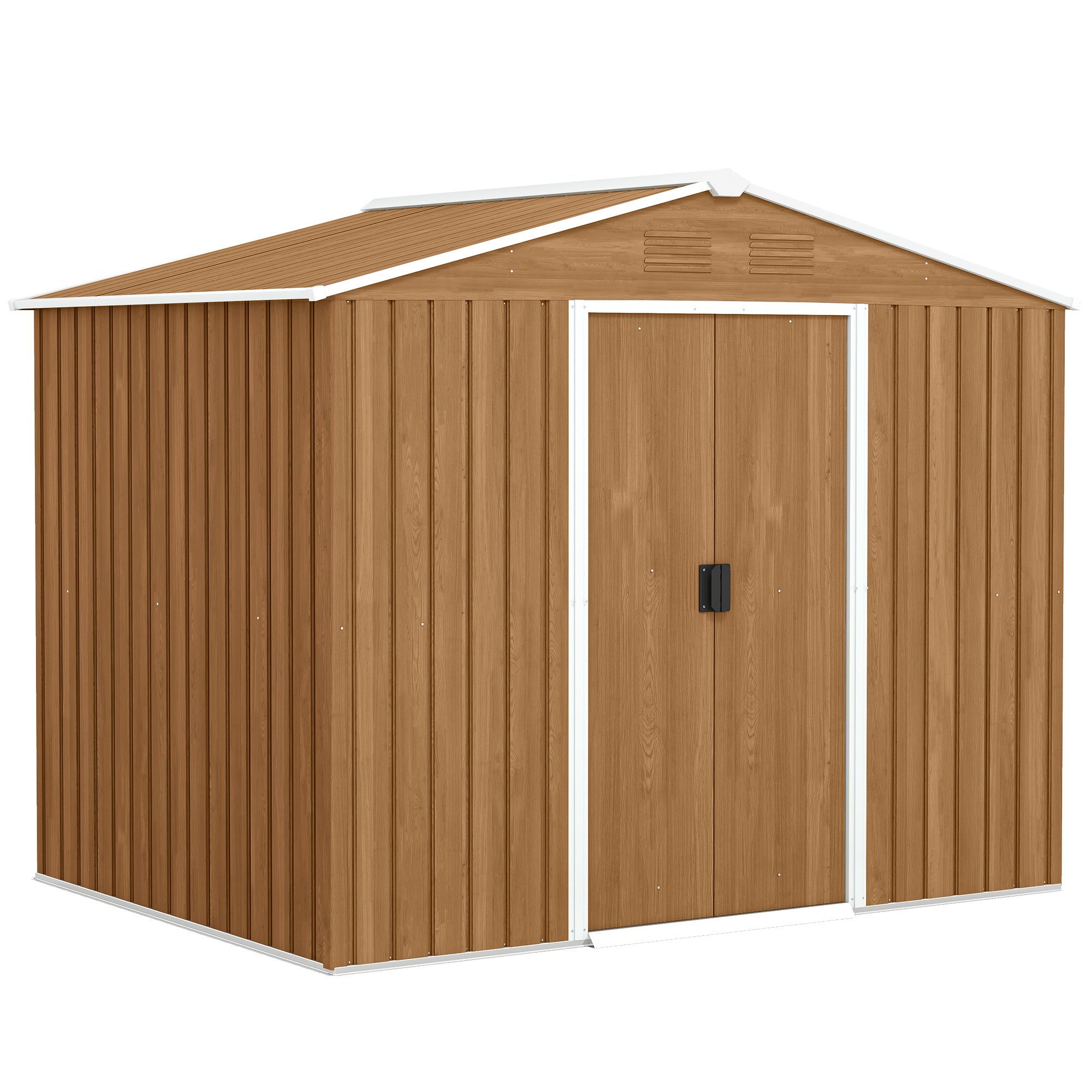 Outsunny 8 x 6ft Outdoor Garden Storage Shed, Metal Tool House with Ventilation and Sliding Doors Chocolate Wood Effect