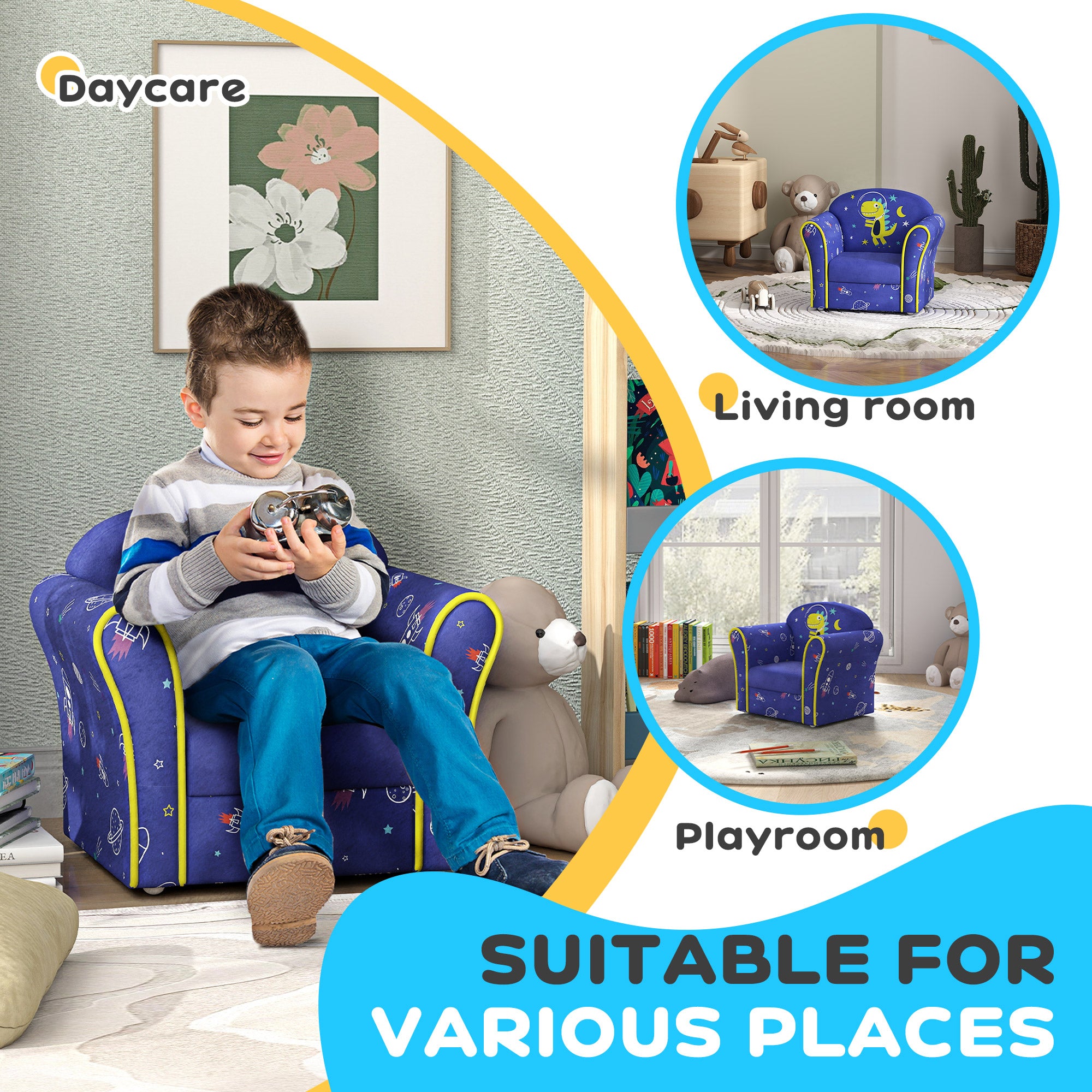 AIYAPLAY Kids Armchair with Planet Dinosaurs Design, Wooden Frame, for Bedroom, Playroom, Kids Room, Blue