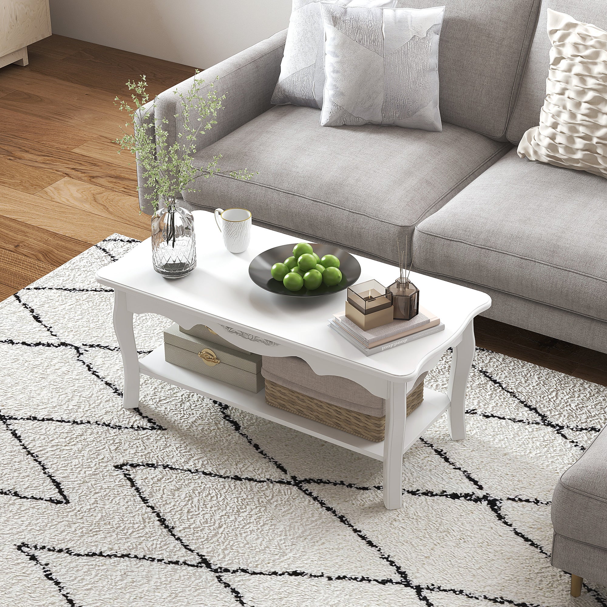 HOMCOM White Coffee Table Wood Cocktail Tea Centre Table with Storage Shelf for Living Room Reception Room, 94L x 44W x 42H cm - North Peak Garden Furniture