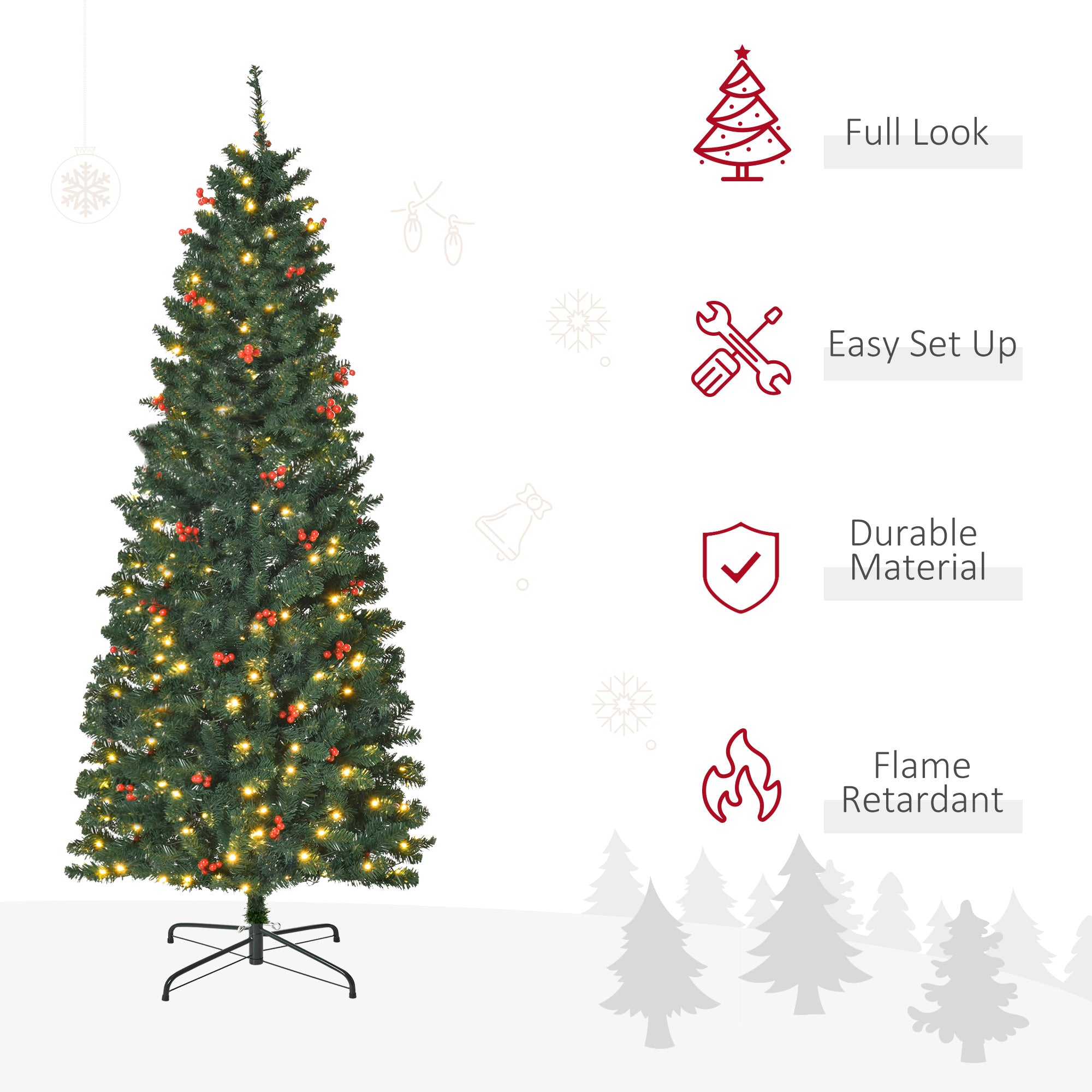 HOMCOM 6FT Prelit Artificial Pencil Christmas Tree with Warm White LED Light, Red Berry, Holiday Home Xmas Decoration, Green - North Peak Garden Furniture
