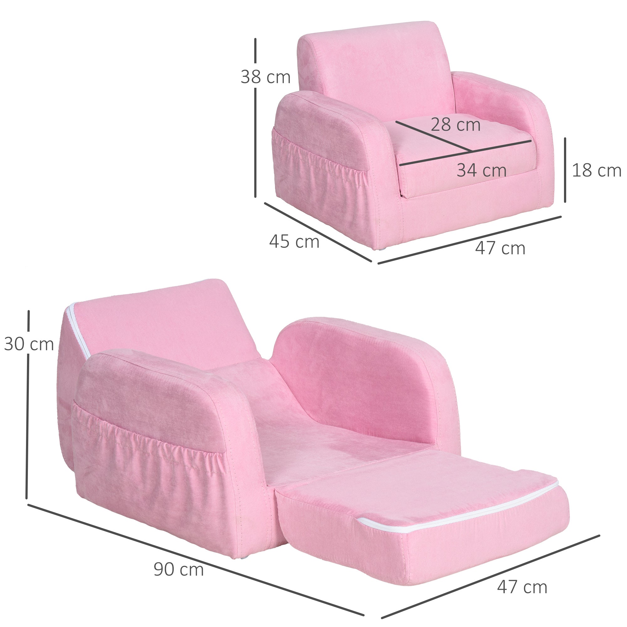HOMCOM 2-in-1 Kids Armchair, Toddler Sofa Bed, with Wood Frame, for Bedroom, Playroom - Pink - North Peak Garden Furniture